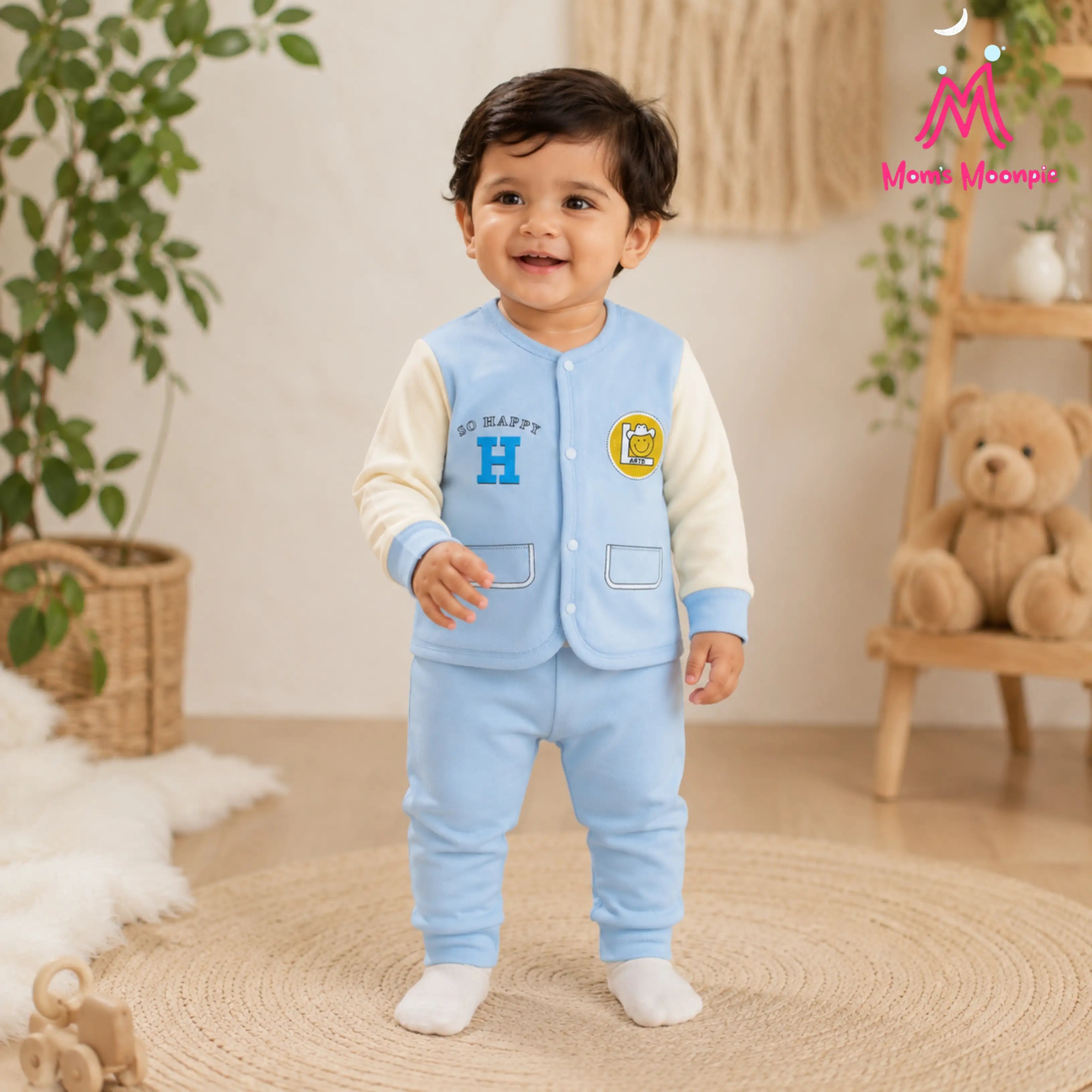 Mom's Moonpie Fleece-Lined Button-Down Jacket & Pants Set - Sky Blue