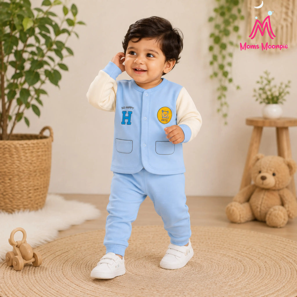 Mom's Moonpie Fleece-Lined Button-Down Jacket & Pants Set - Sky Blue