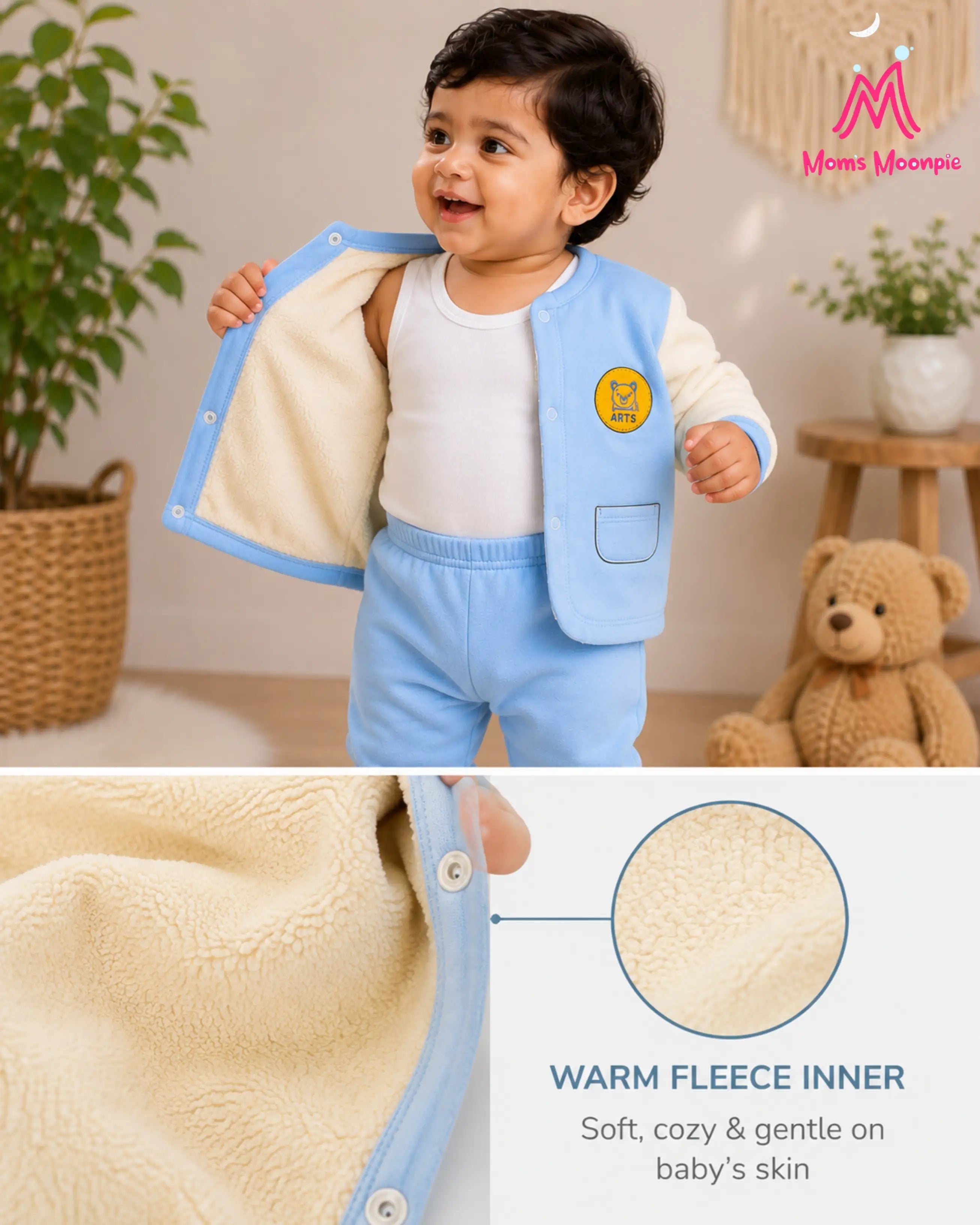 Mom's Moonpie Fleece-Lined Button-Down Jacket & Pants Set - Sky Blue
