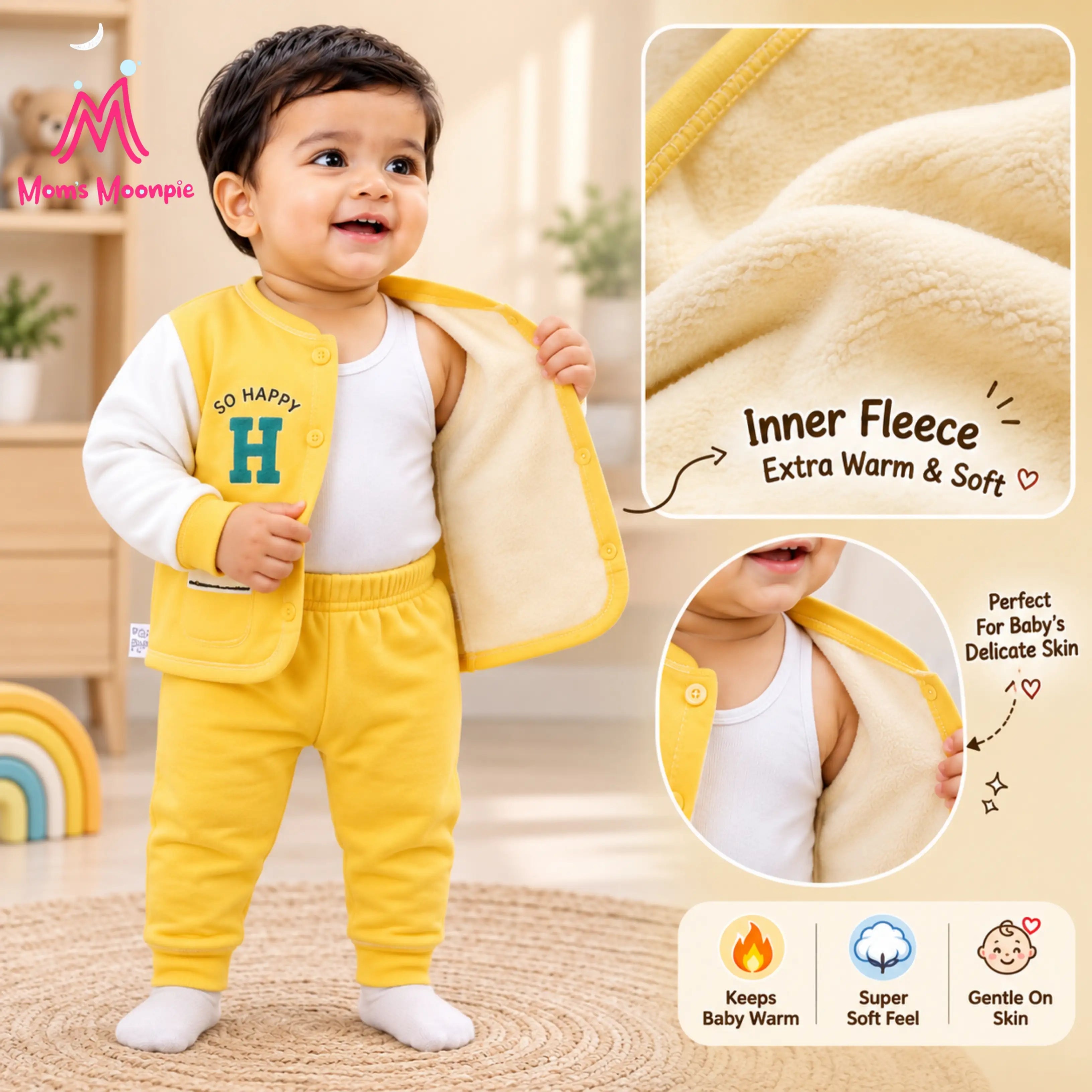 Mom's Moonpie Fleece-Lined Button-Down Jacket & Pants Set - Yellow