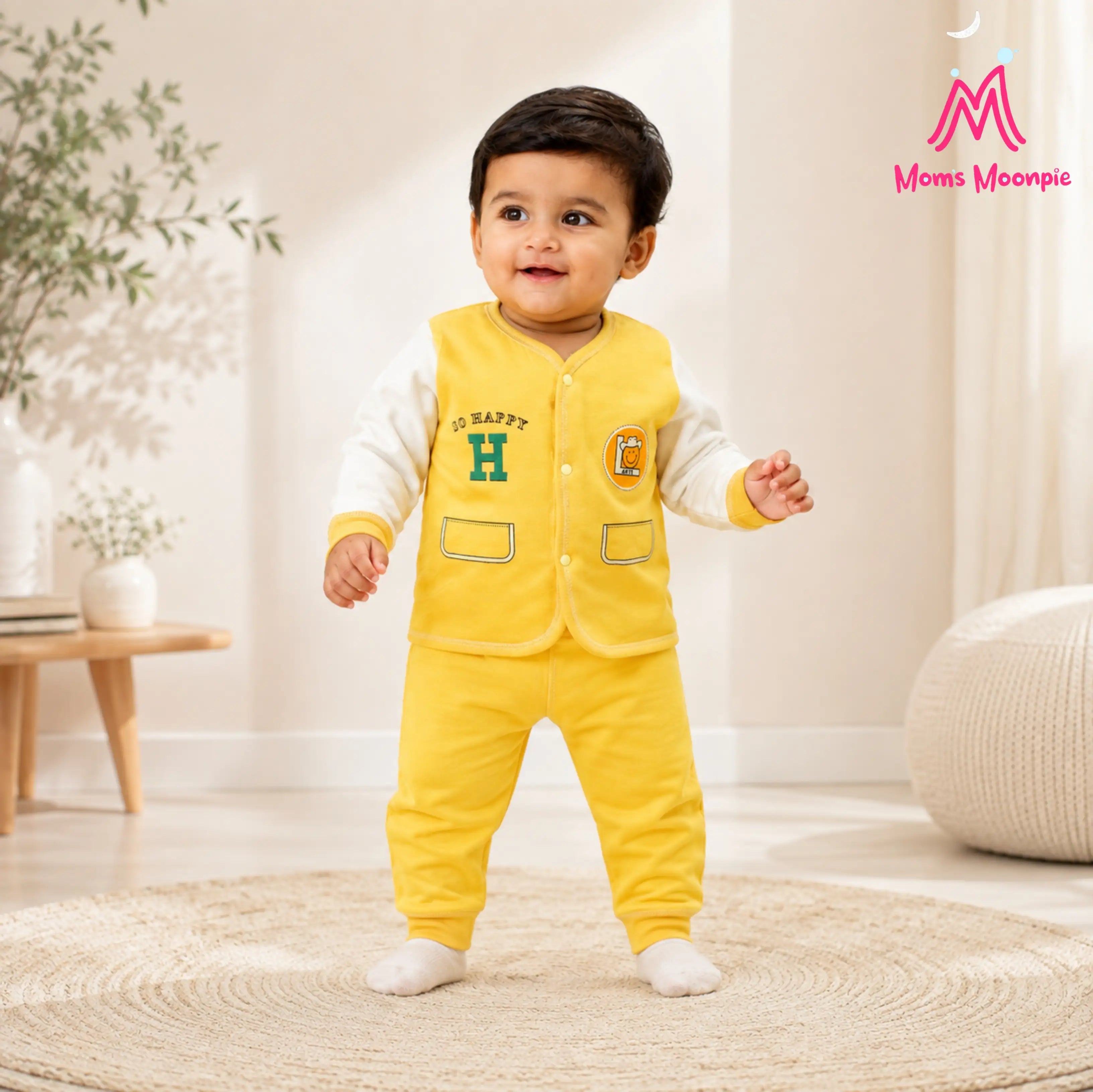 Mom's Moonpie Fleece-Lined Button-Down Jacket & Pants Set - Yellow