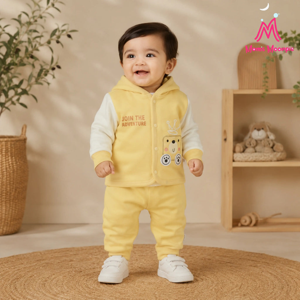 Mom's Moonpie Fleece-Lined Hooded Jacket & Pants Set - Soft Yellow