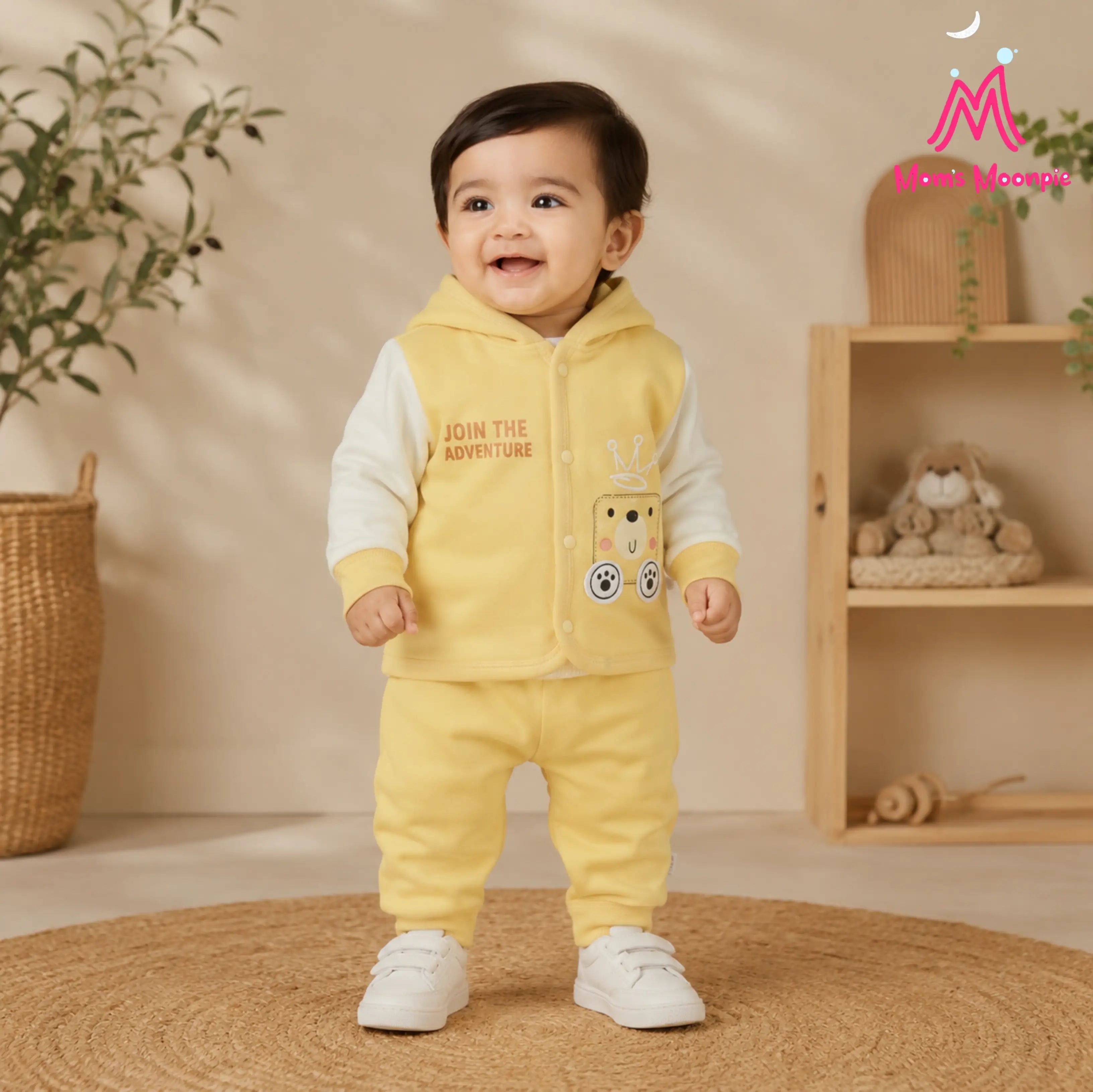 Mom's Moonpie Fleece-Lined Hooded Jacket & Pants Set - Soft Yellow