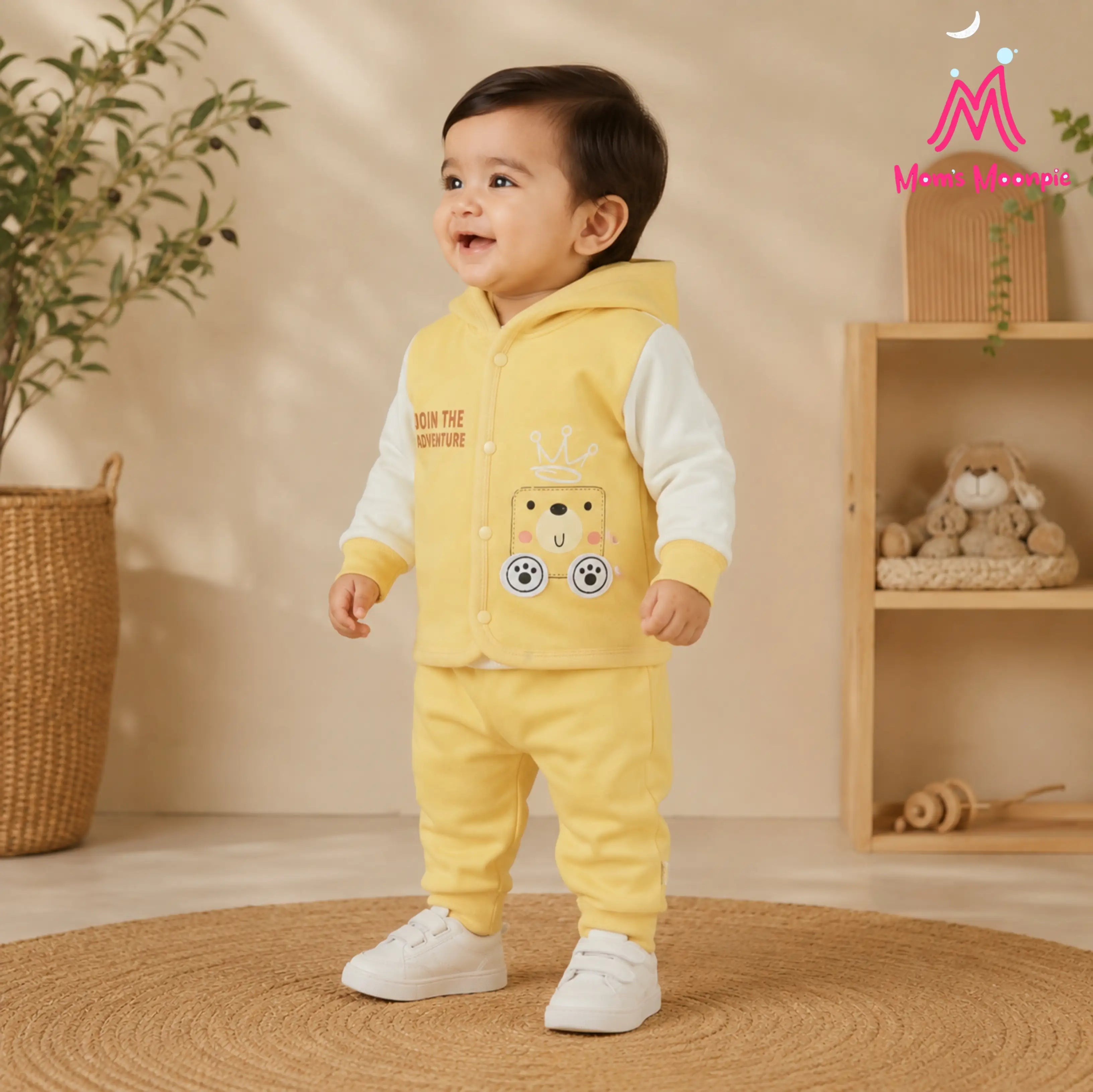 Mom's Moonpie Fleece-Lined Hooded Jacket & Pants Set - Soft Yellow