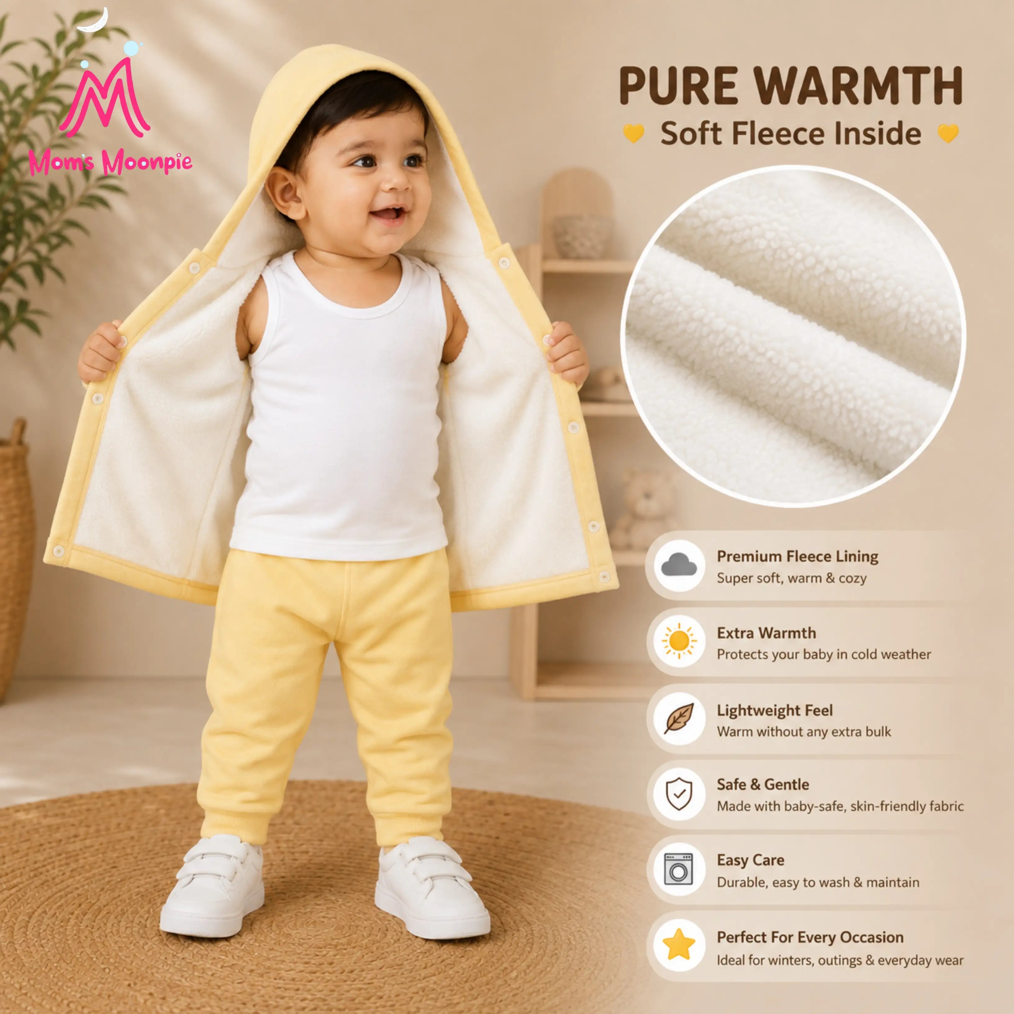 Mom's Moonpie Fleece-Lined Hooded Jacket & Pants Set - Soft Yellow
