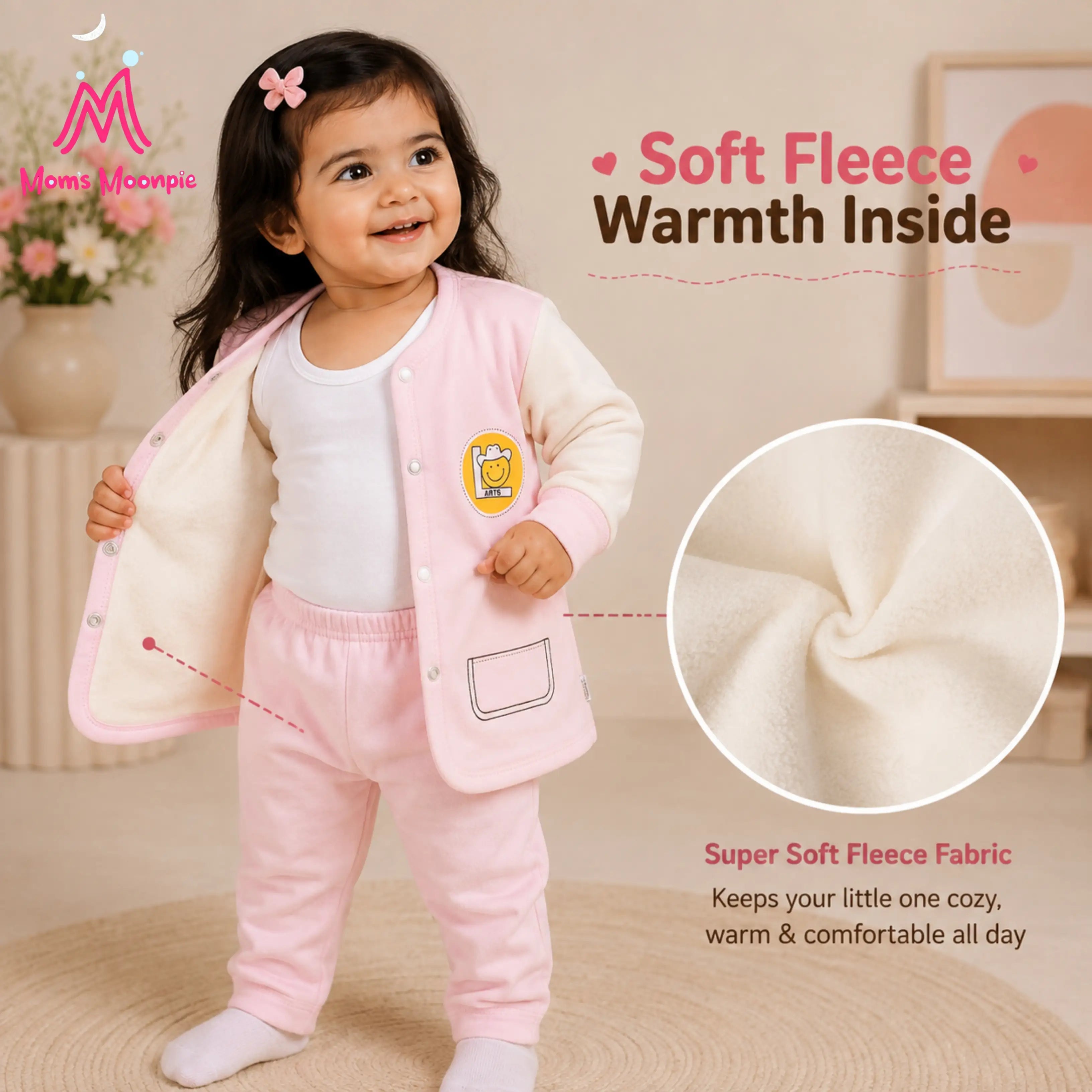 Mom's Moonpie Fleece-Lined Button-Down Jacket & Pants Set - Soft Pink