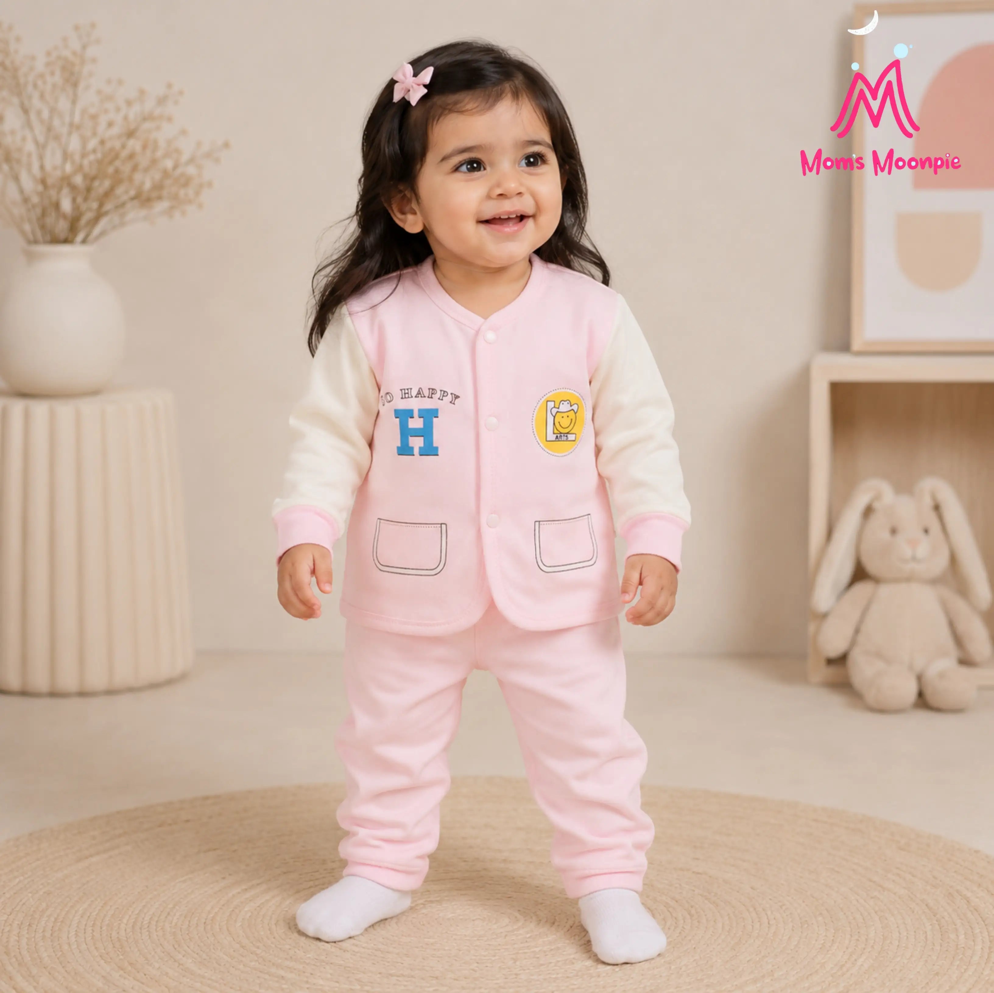 Mom's Moonpie Fleece-Lined Button-Down Jacket & Pants Set - Soft Pink