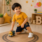 Mom's Moonpie Boys Mustard Yellow Astronaut Print T-Shirt & Navy Shorts Set