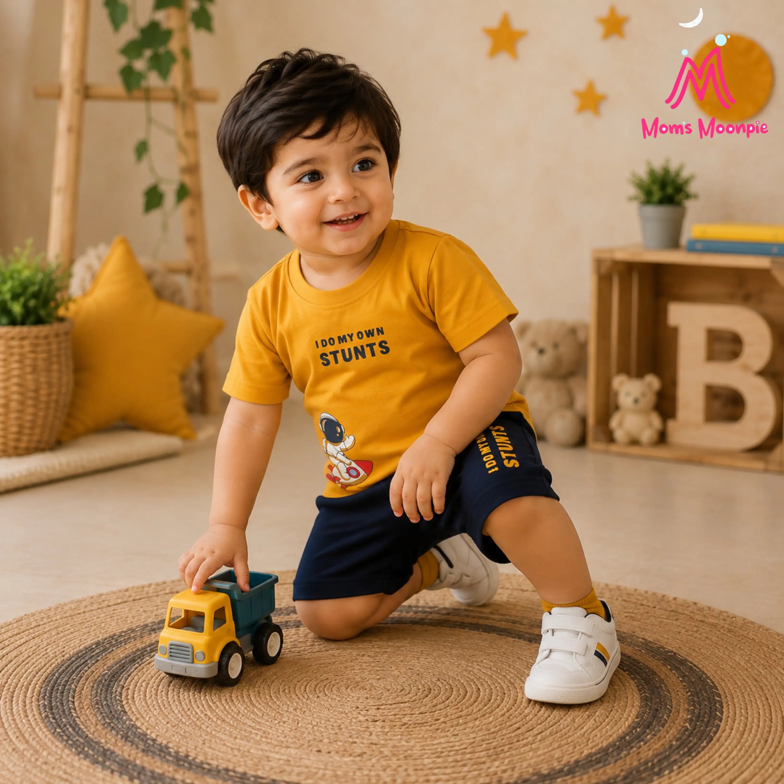 Mom's Moonpie Boys Mustard Yellow Astronaut Print T-Shirt & Navy Shorts Set