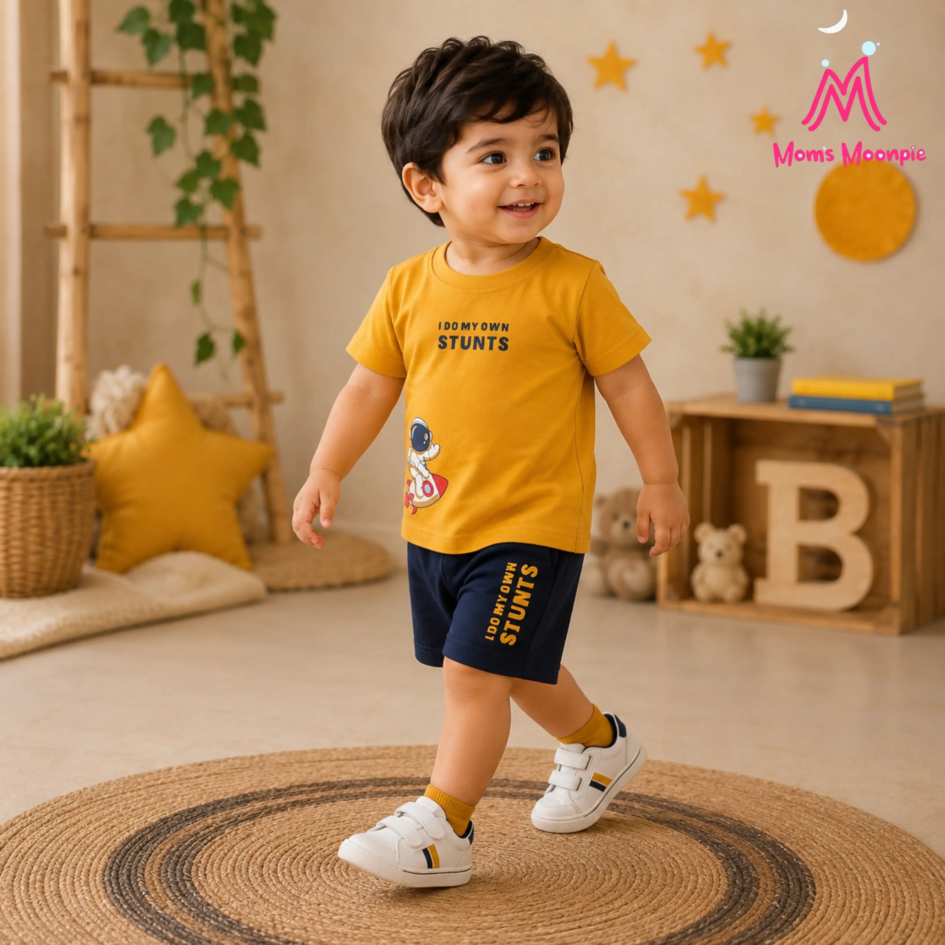 Mom's Moonpie Boys Mustard Yellow Astronaut Print T-Shirt & Navy Shorts Set
