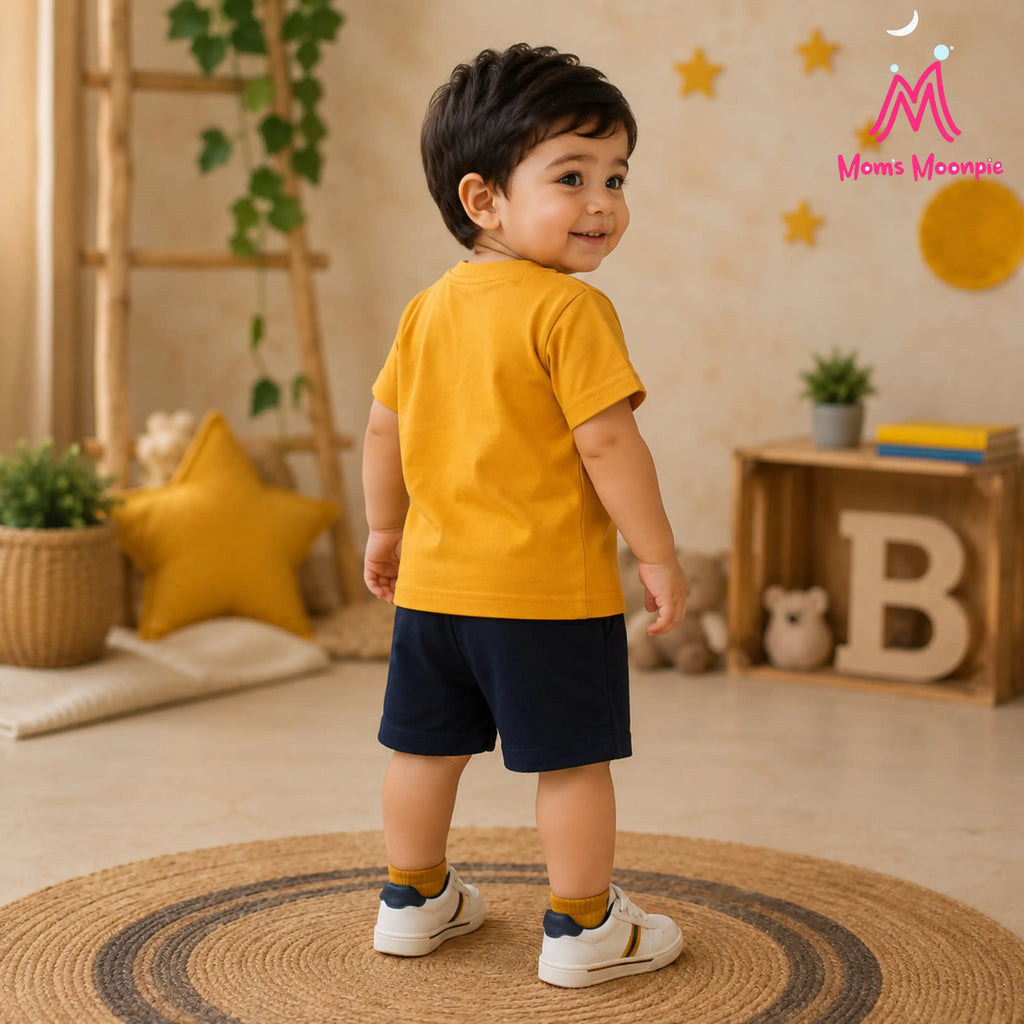Mom's Moonpie Boys Mustard Yellow Astronaut Print T-Shirt & Navy Shorts Set