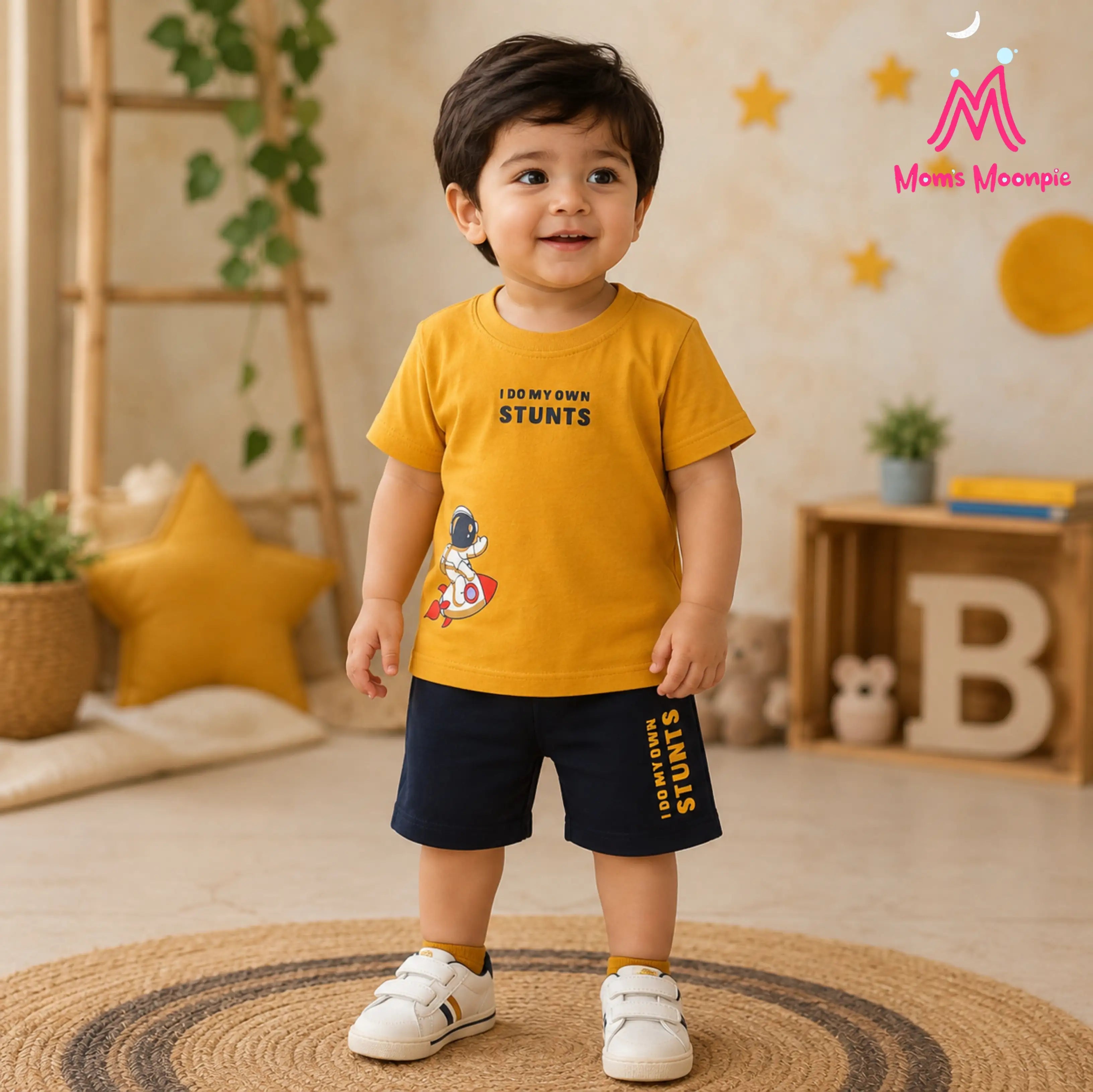 Mom's Moonpie Boys Mustard Yellow Astronaut Print T-Shirt & Navy Shorts Set
