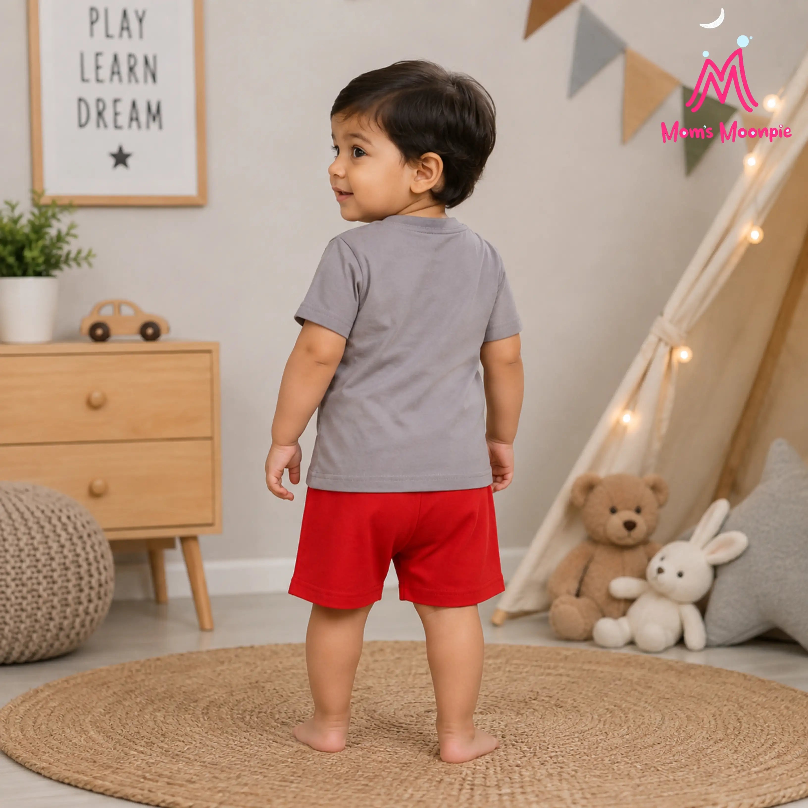 Mom's Moonpie Boys Grey Astronaut Print T-Shirt & Red Shorts Set