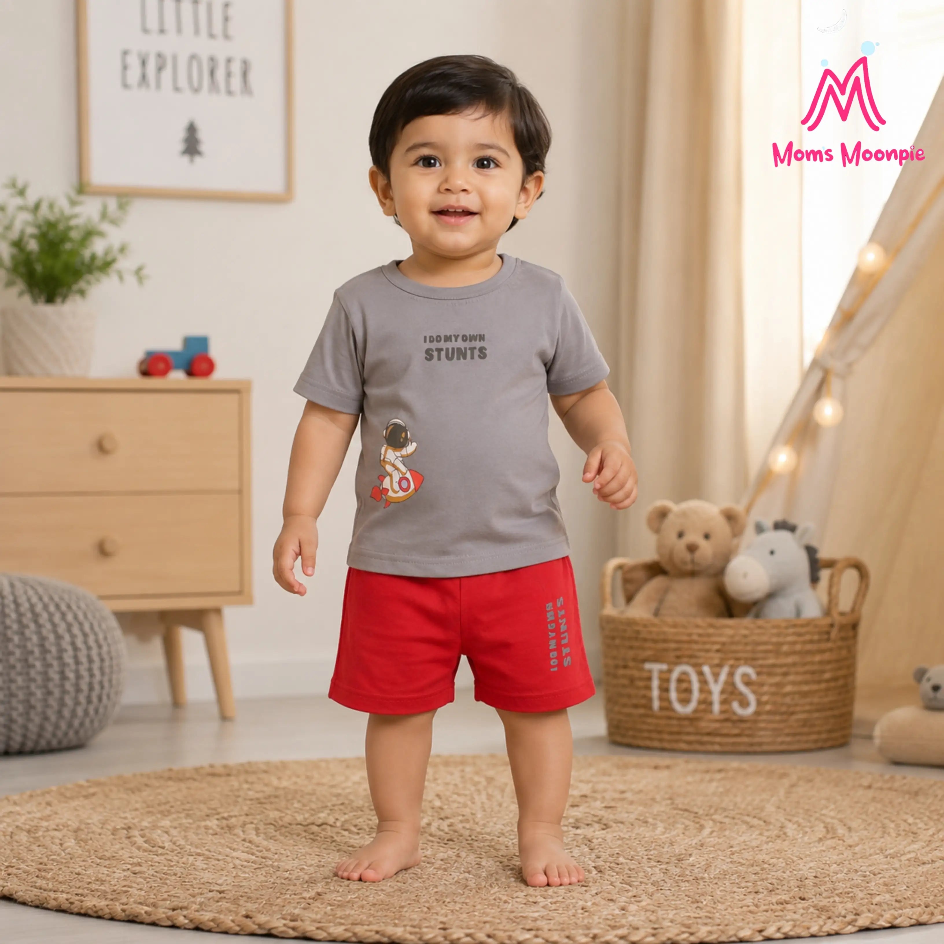 Mom's Moonpie Boys Grey Astronaut Print T-Shirt & Red Shorts Set