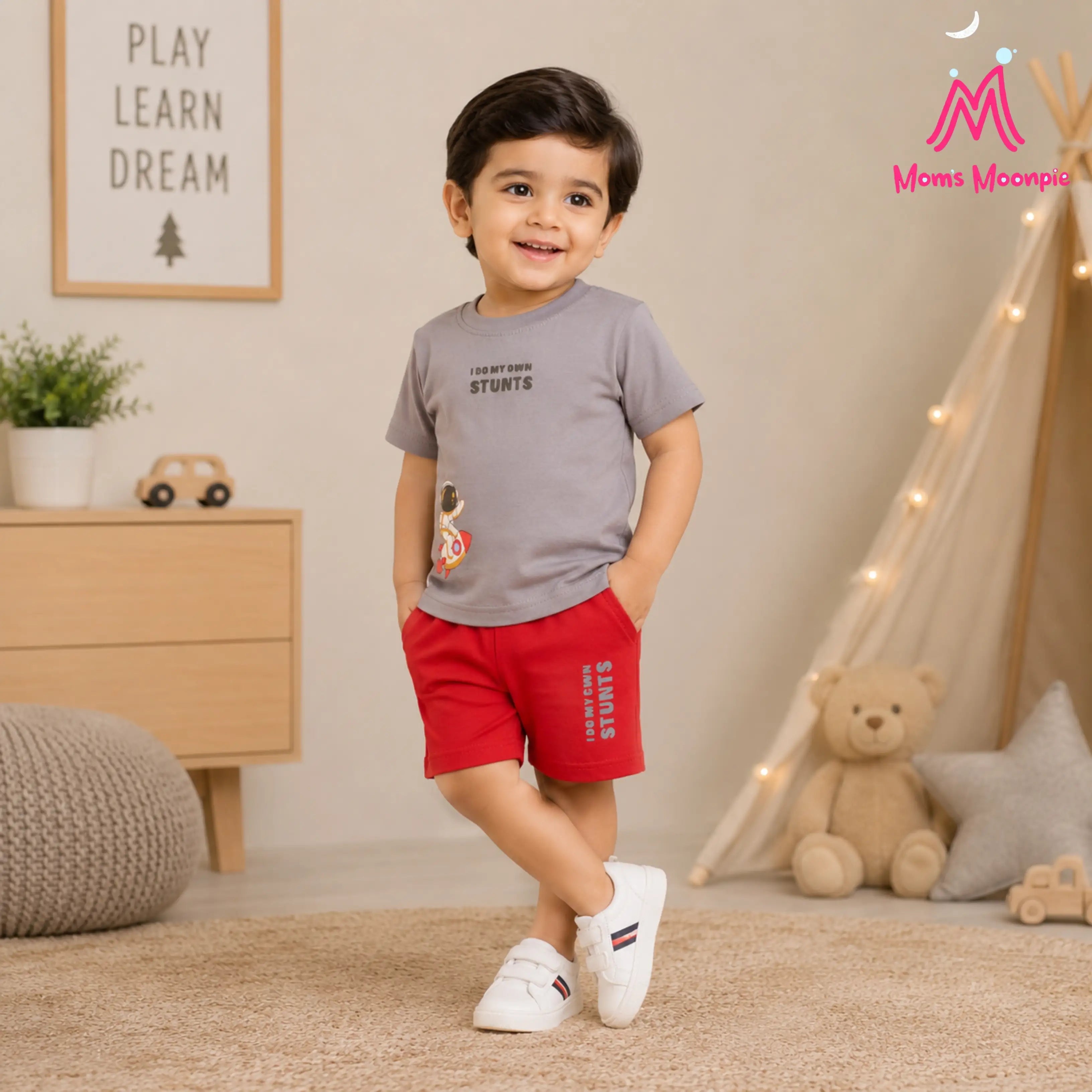 Mom's Moonpie Boys Grey Astronaut Print T-Shirt & Red Shorts Set
