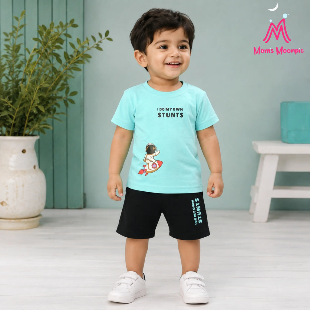 Mom's Moonpie Boys Mint Green Astronaut Print T-Shirt & Shorts Set