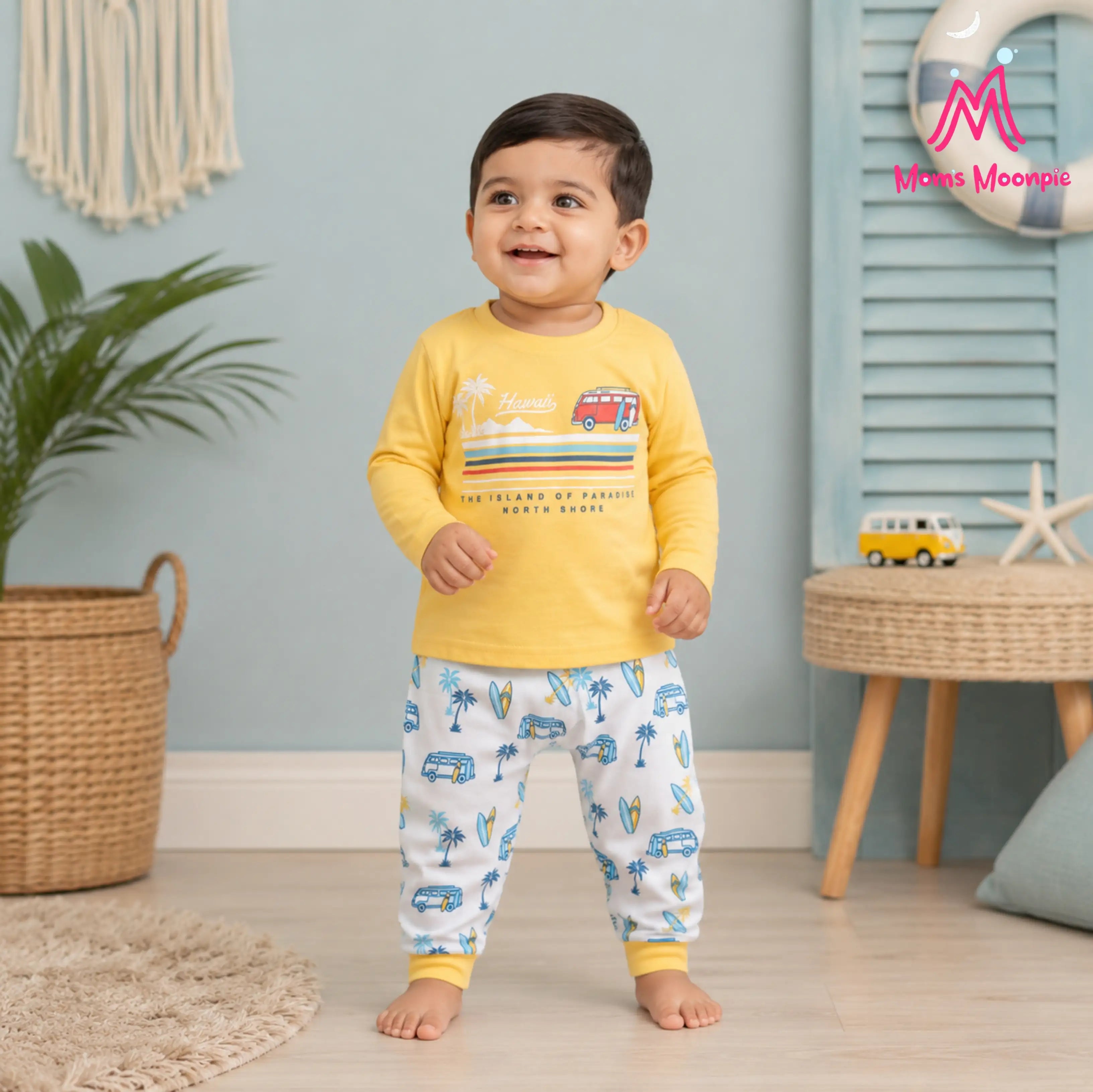 Mom's Moonpie Boys Yellow Hawaii Full Sleeve T-Shirt & Printed Pyjama Set