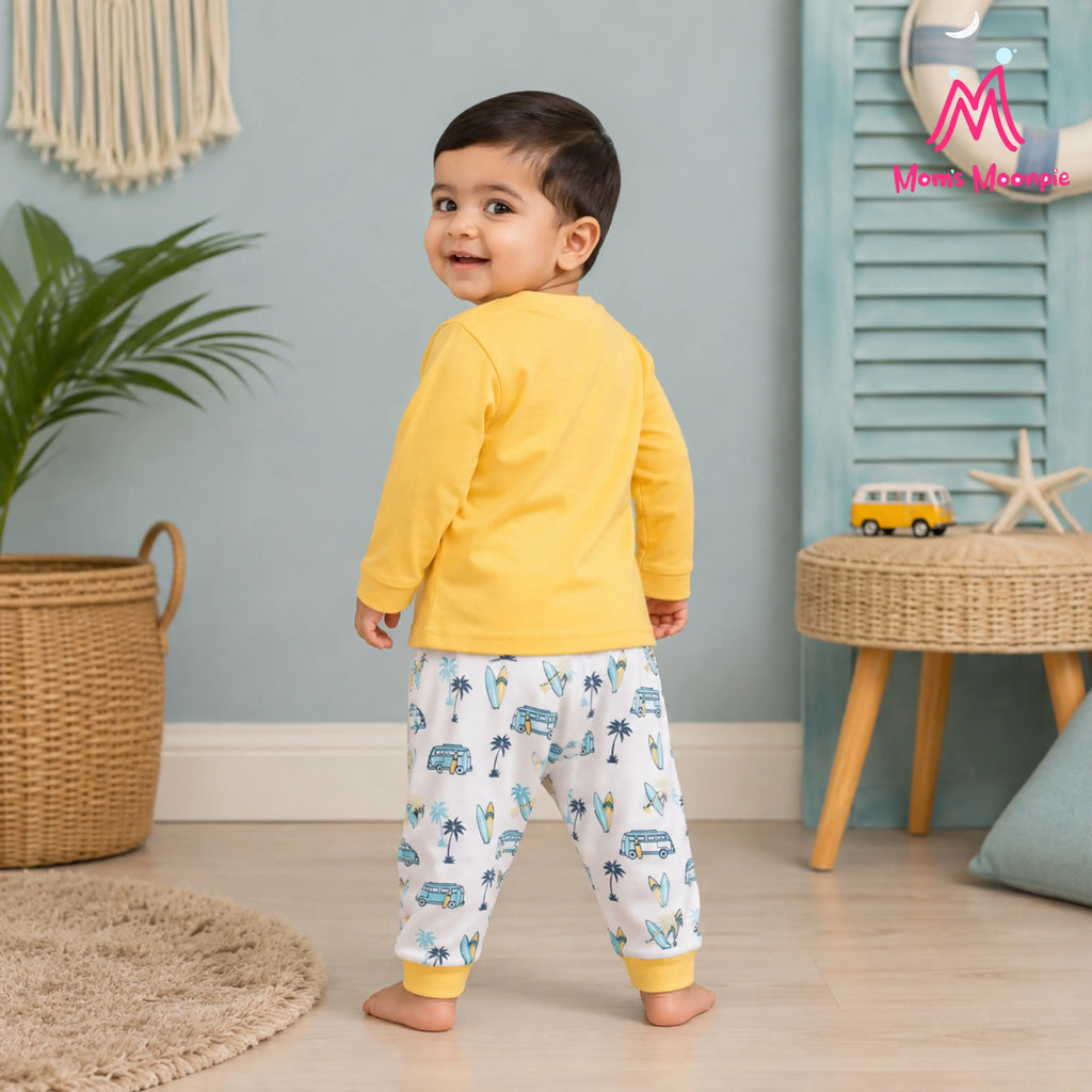 Mom's Moonpie Boys Yellow Hawaii Full Sleeve T-Shirt & Printed Pyjama Set