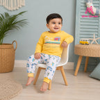 Mom's Moonpie Boys Yellow Hawaii Full Sleeve T-Shirt & Printed Pyjama Set
