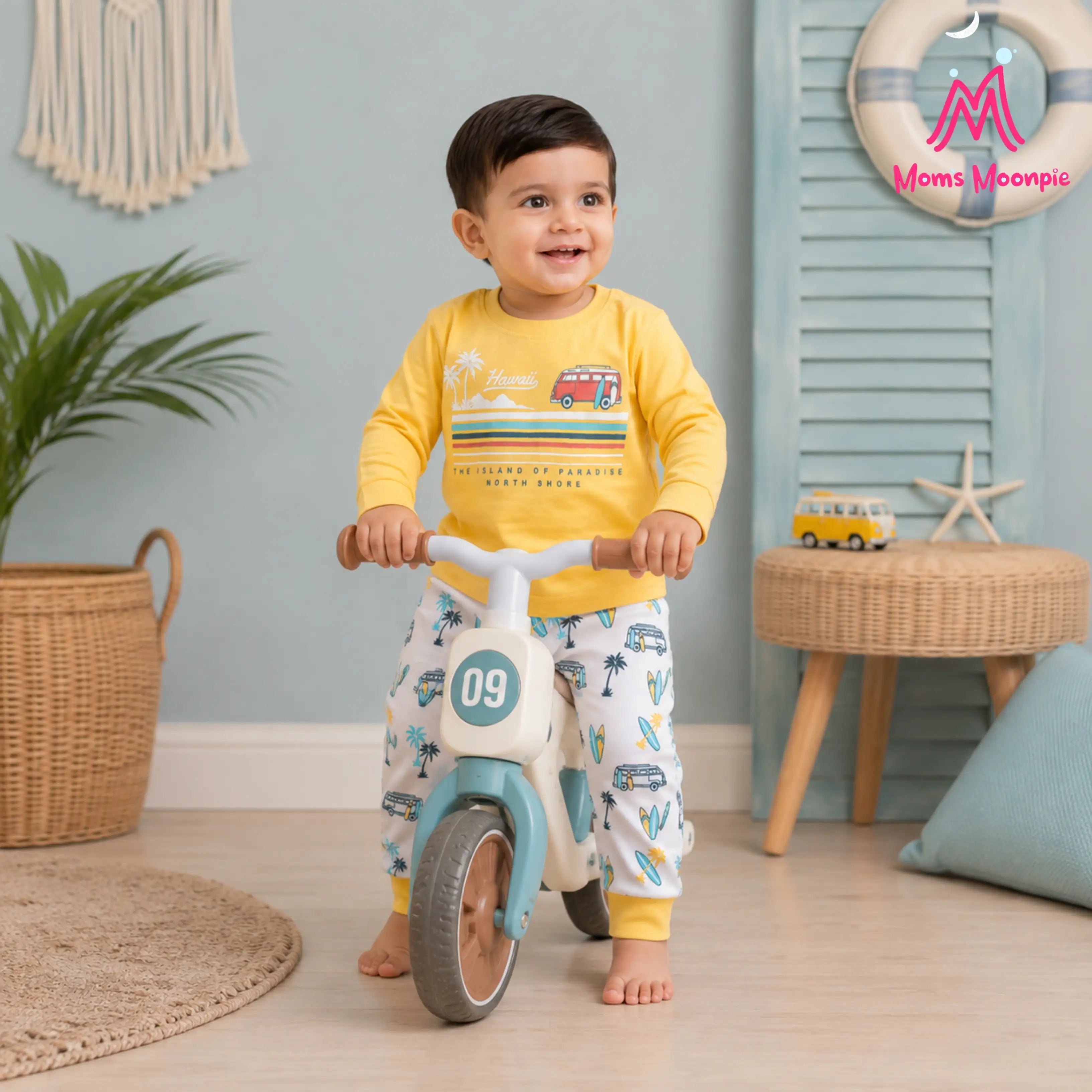 Mom's Moonpie Boys Yellow Hawaii Full Sleeve T-Shirt & Printed Pyjama Set