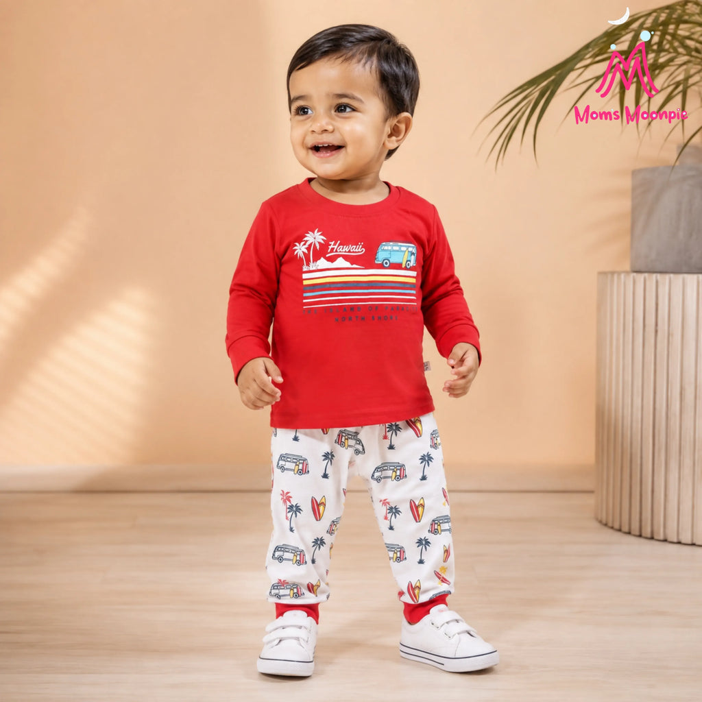 Mom's Moonpie Boys Red Hawaii Full Sleeve T-Shirt & Printed Pyjama Set