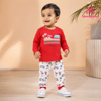 Mom's Moonpie Boys Red Hawaii Full Sleeve T-Shirt & Printed Pyjama Set