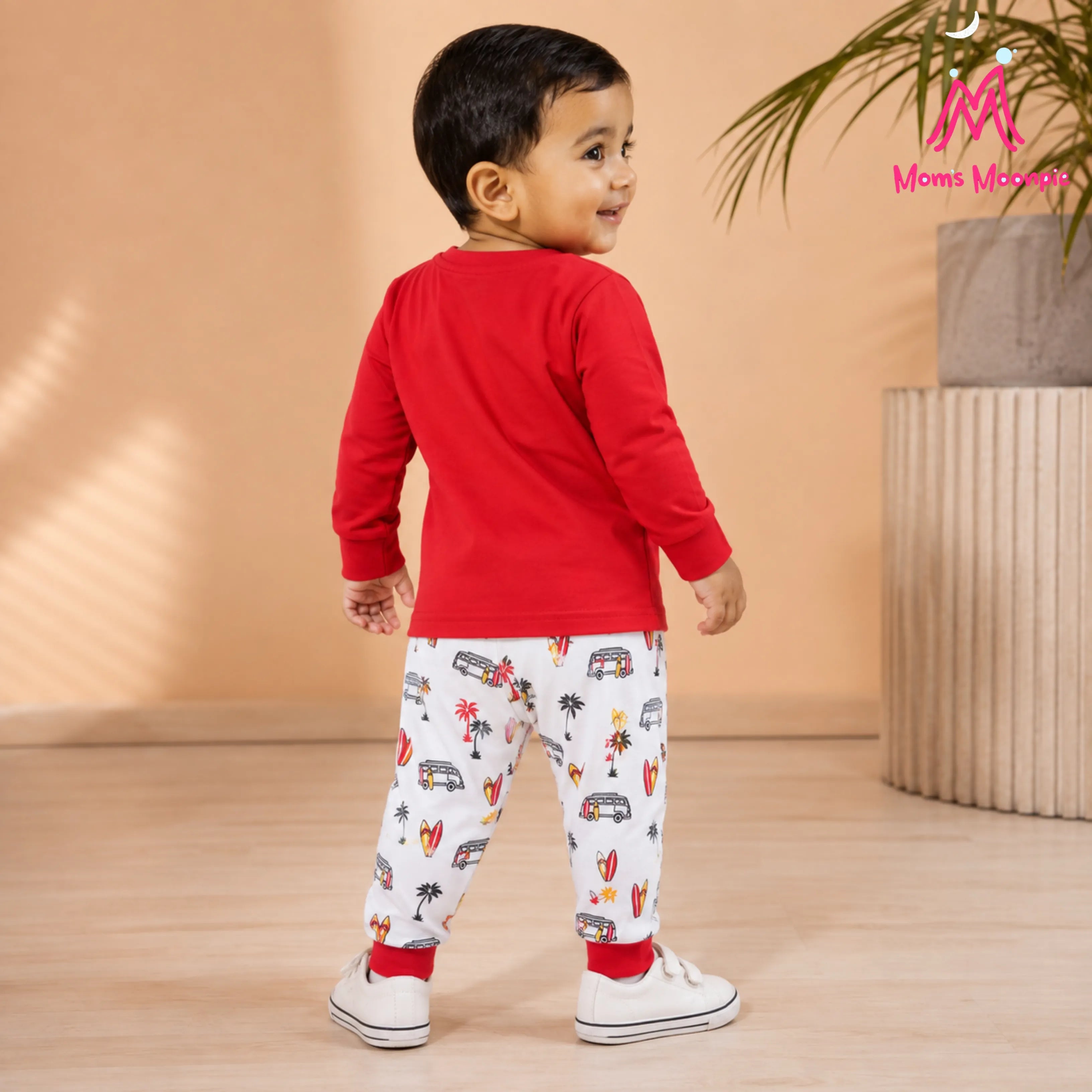 Mom's Moonpie Boys Red Hawaii Full Sleeve T-Shirt & Printed Pyjama Set