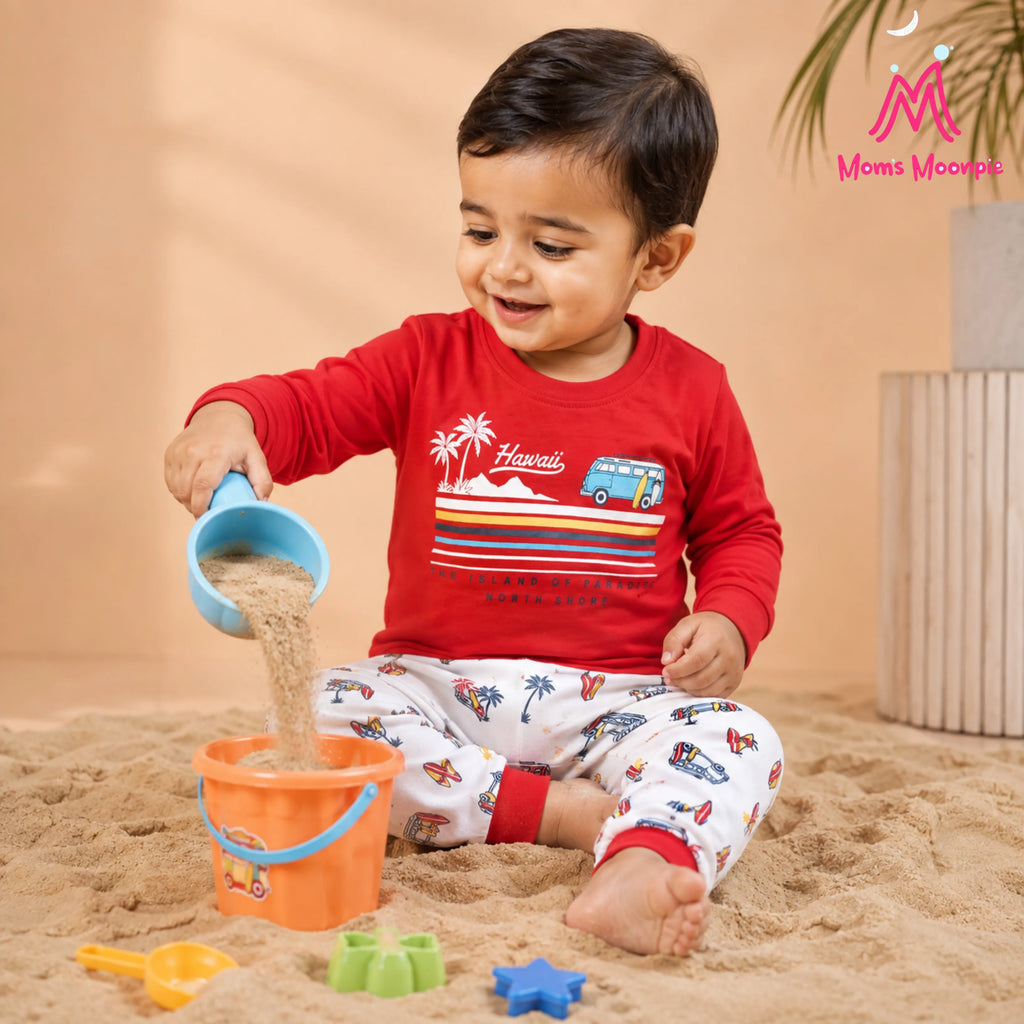Mom's Moonpie Boys Red Hawaii Full Sleeve T-Shirt & Printed Pyjama Set