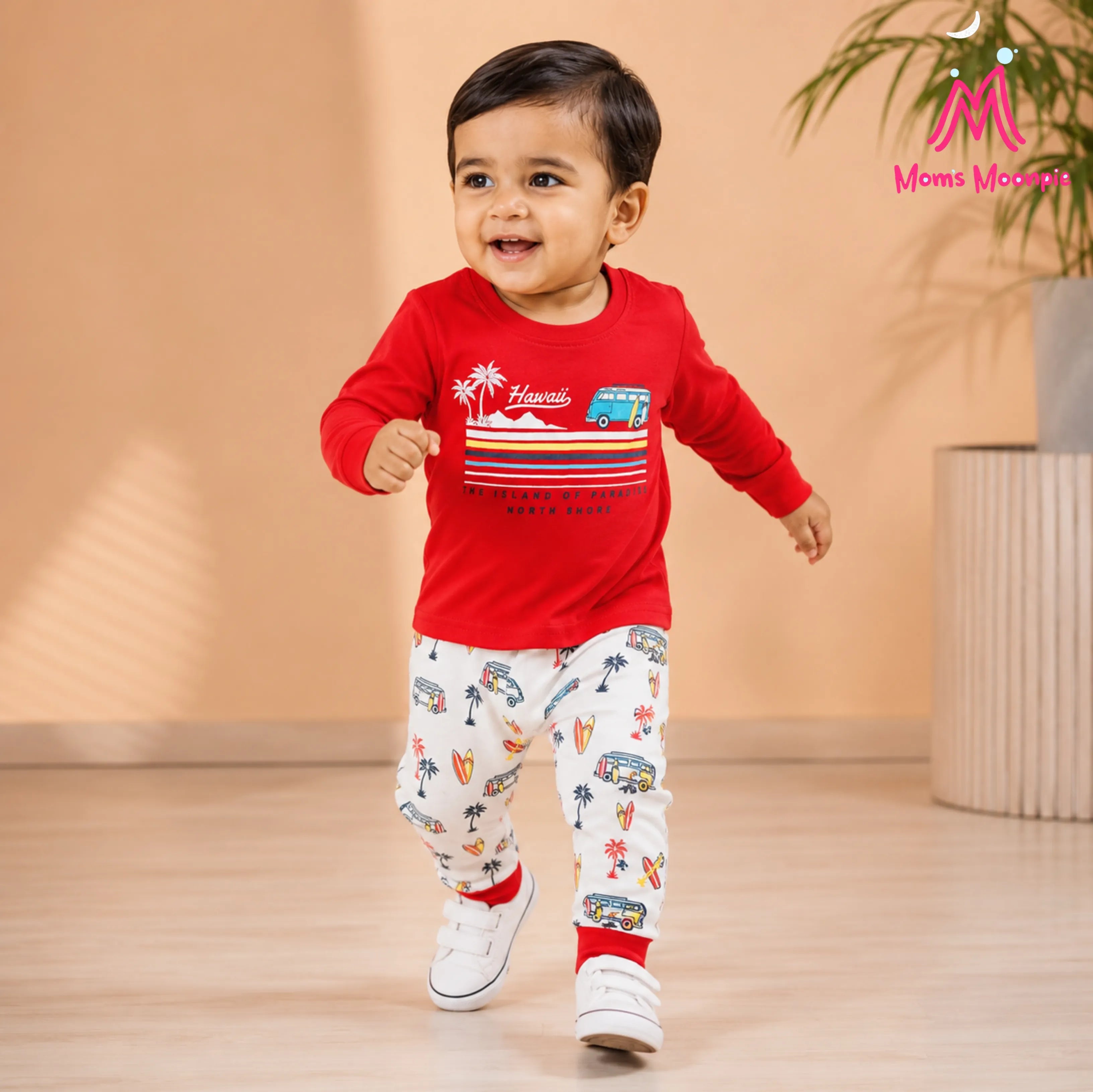 Mom's Moonpie Boys Red Hawaii Full Sleeve T-Shirt & Printed Pyjama Set