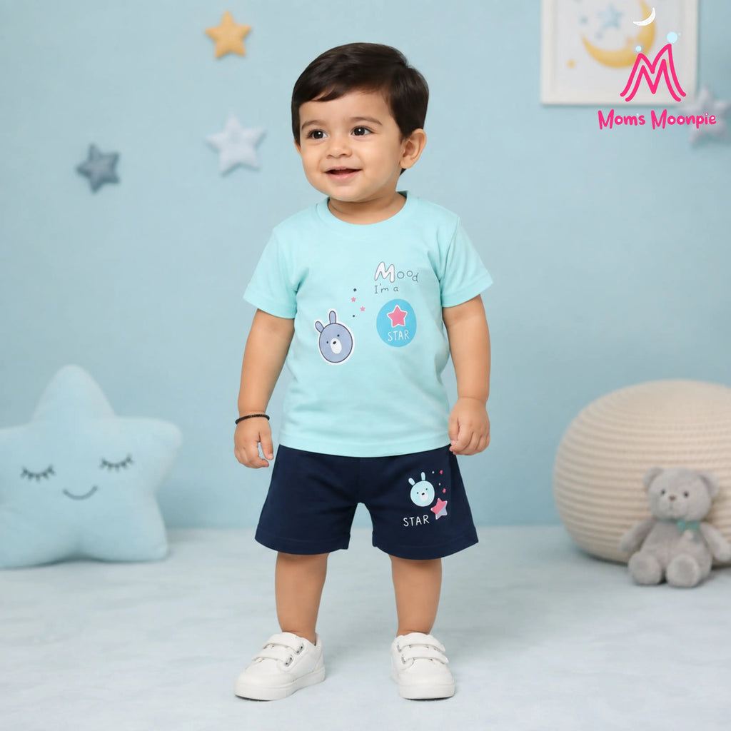 Mom's Moonpie Boys Sky Blue Graphic T-Shirt & Navy Shorts Set