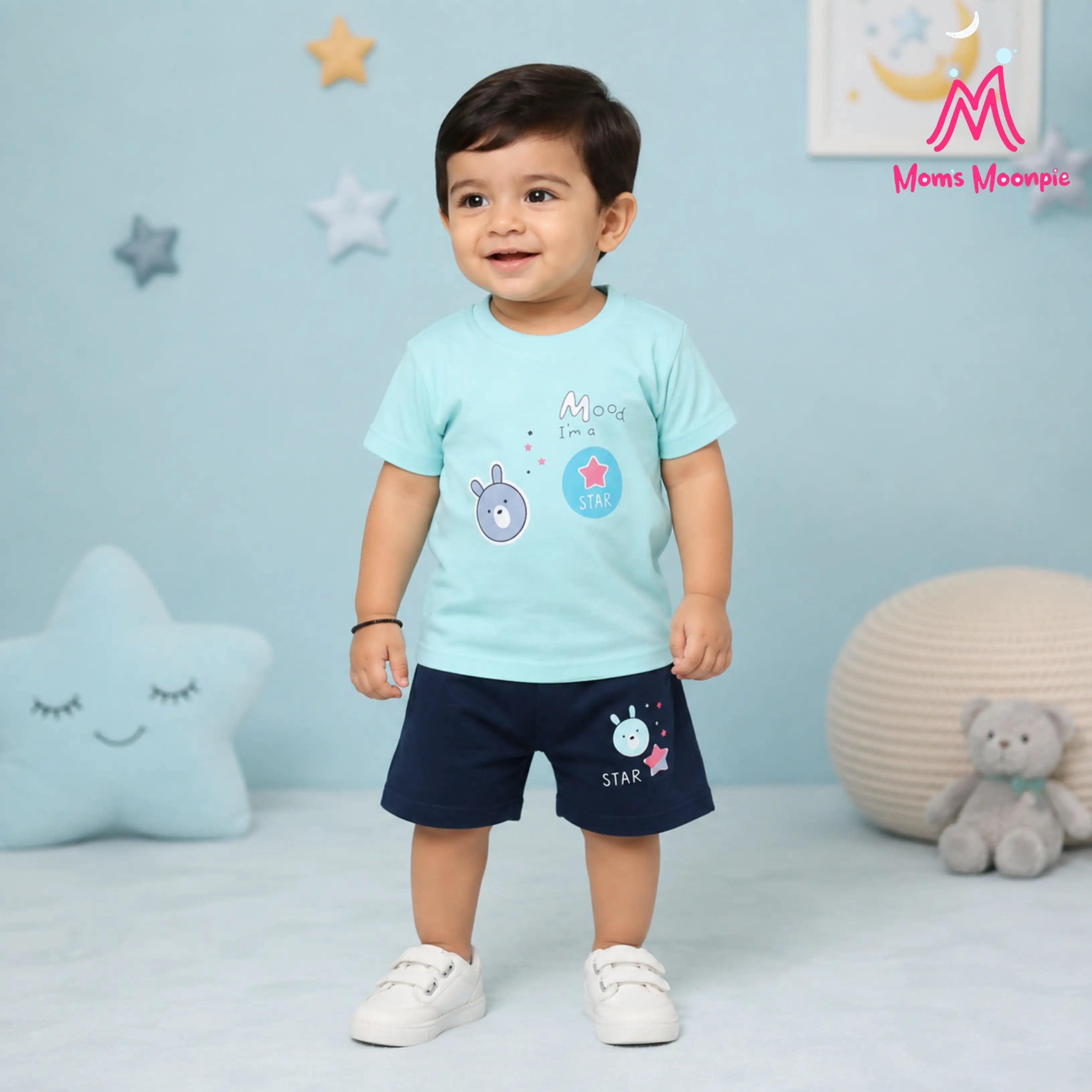 Mom's Moonpie Boys Sky Blue Graphic T-Shirt & Navy Shorts Set