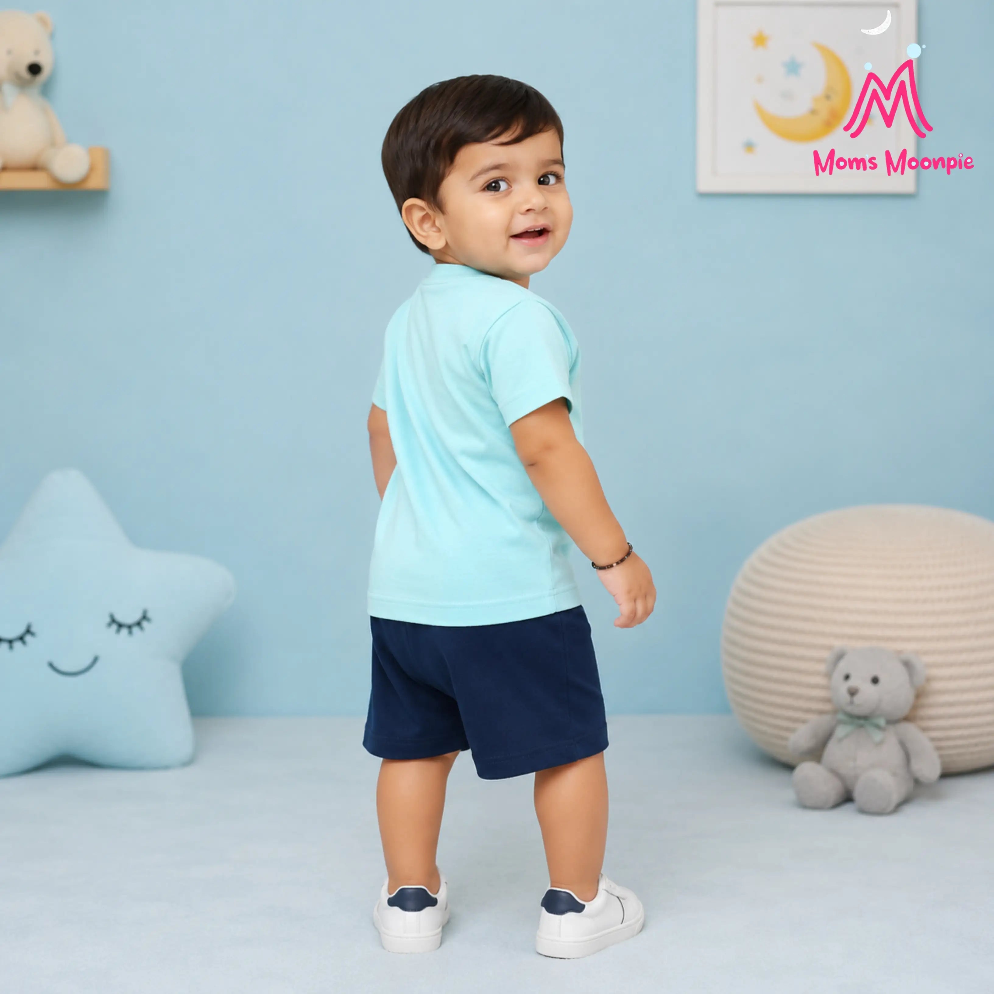 Mom's Moonpie Boys Sky Blue Graphic T-Shirt & Navy Shorts Set