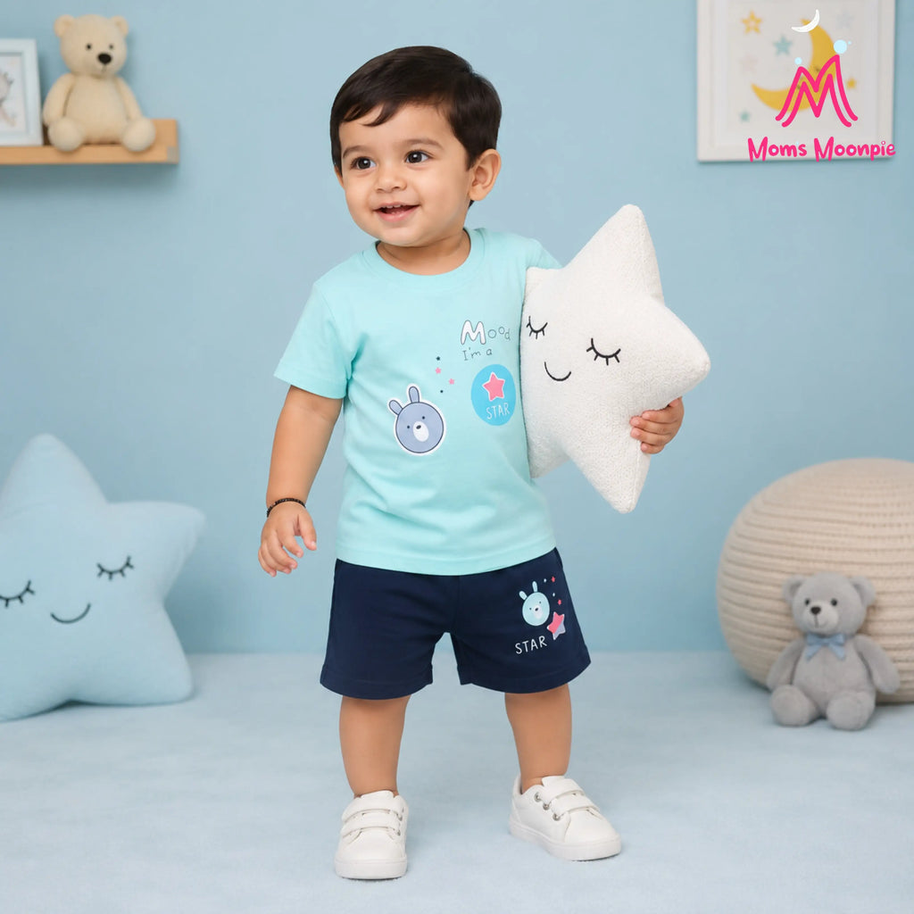 Mom's Moonpie Boys Sky Blue Graphic T-Shirt & Navy Shorts Set