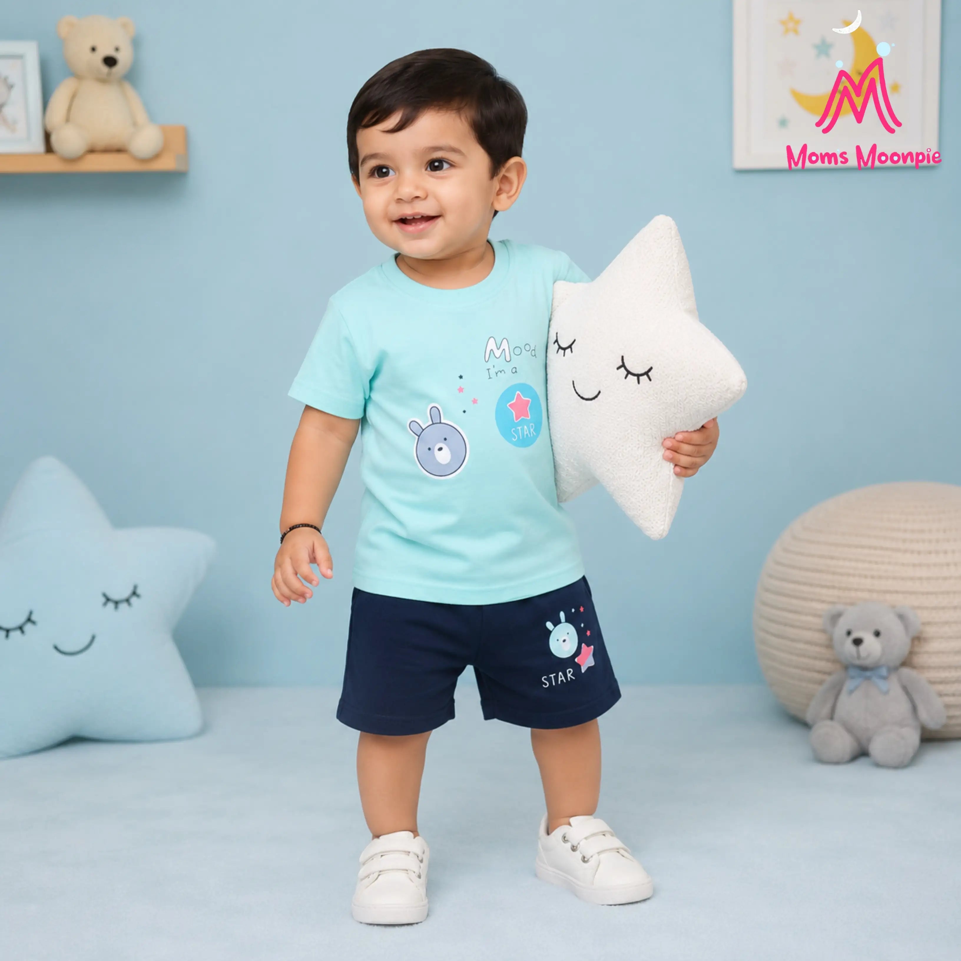 Mom's Moonpie Boys Sky Blue Graphic T-Shirt & Navy Shorts Set