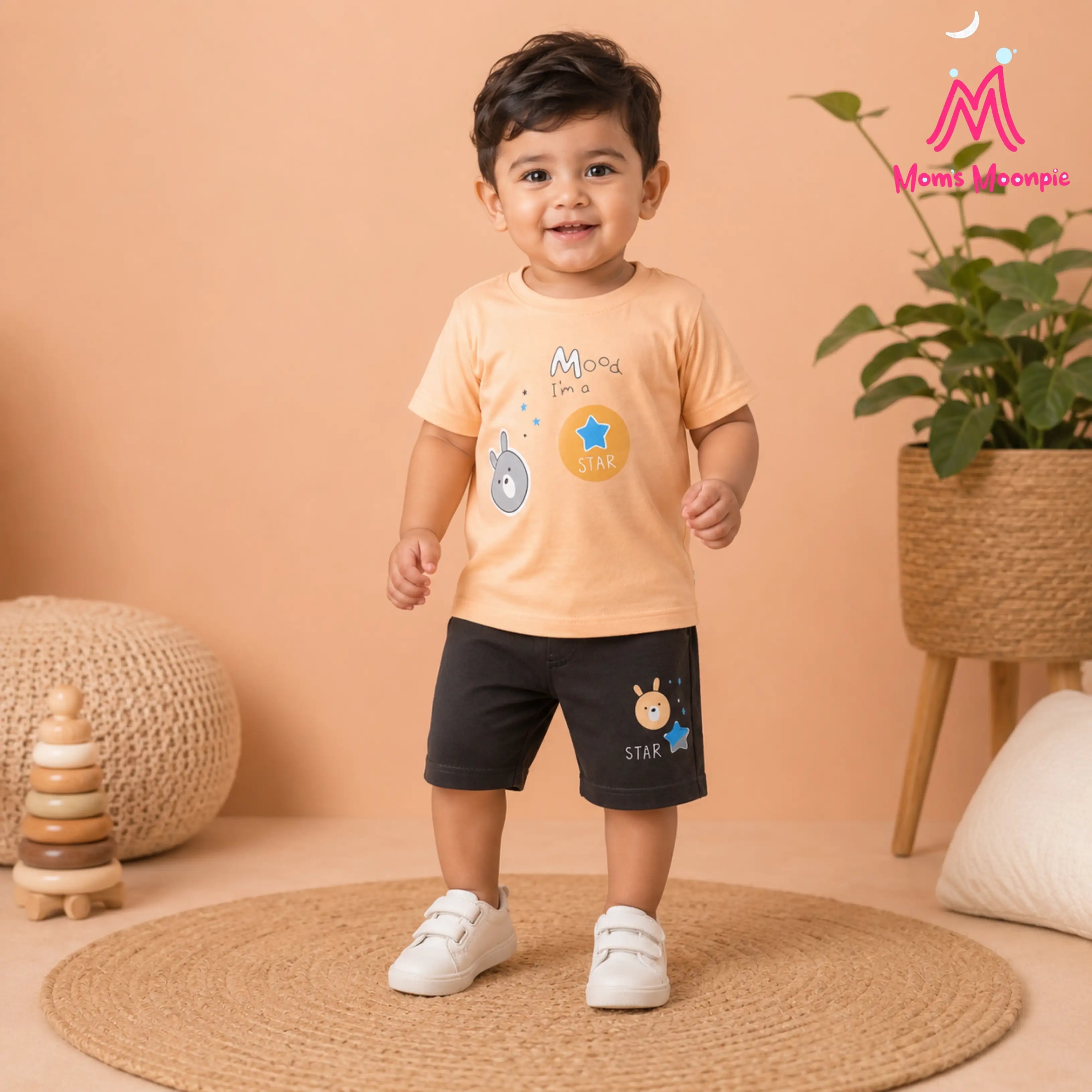 Mom's Moonpie Boys Peach Graphic T-Shirt & Charcoal Shorts Set
