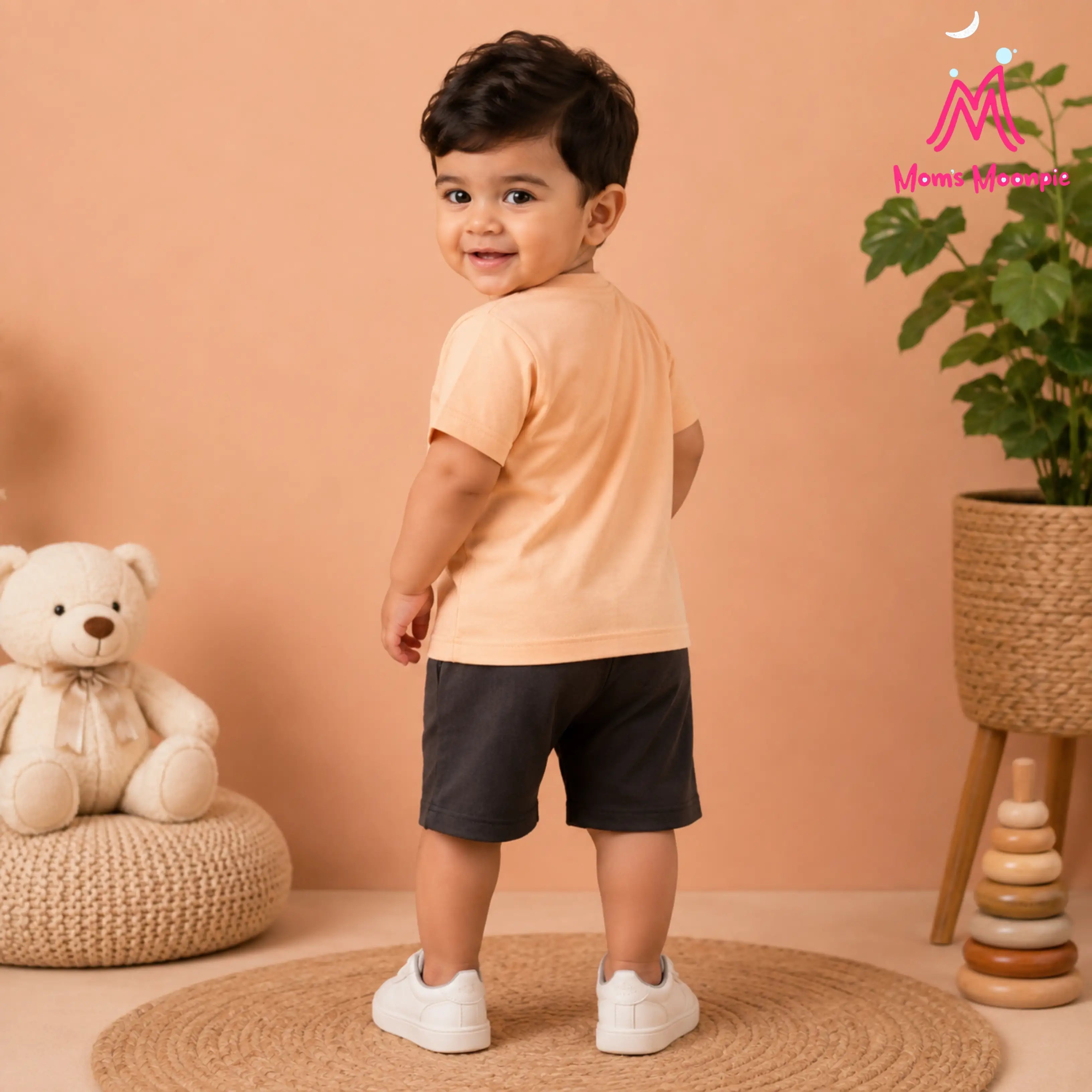 Mom's Moonpie Boys Peach Graphic T-Shirt & Charcoal Shorts Set