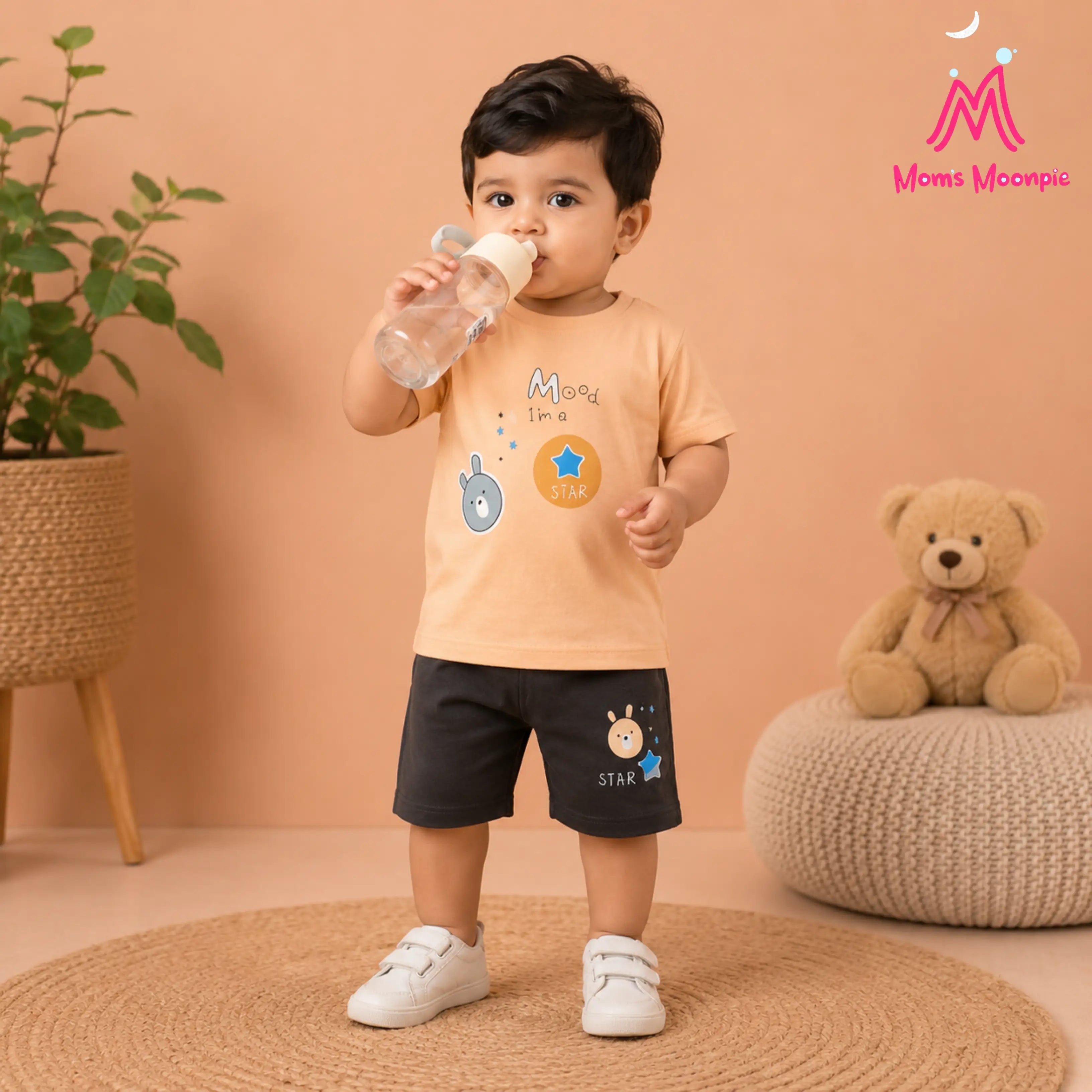 Mom's Moonpie Boys Peach Graphic T-Shirt & Charcoal Shorts Set
