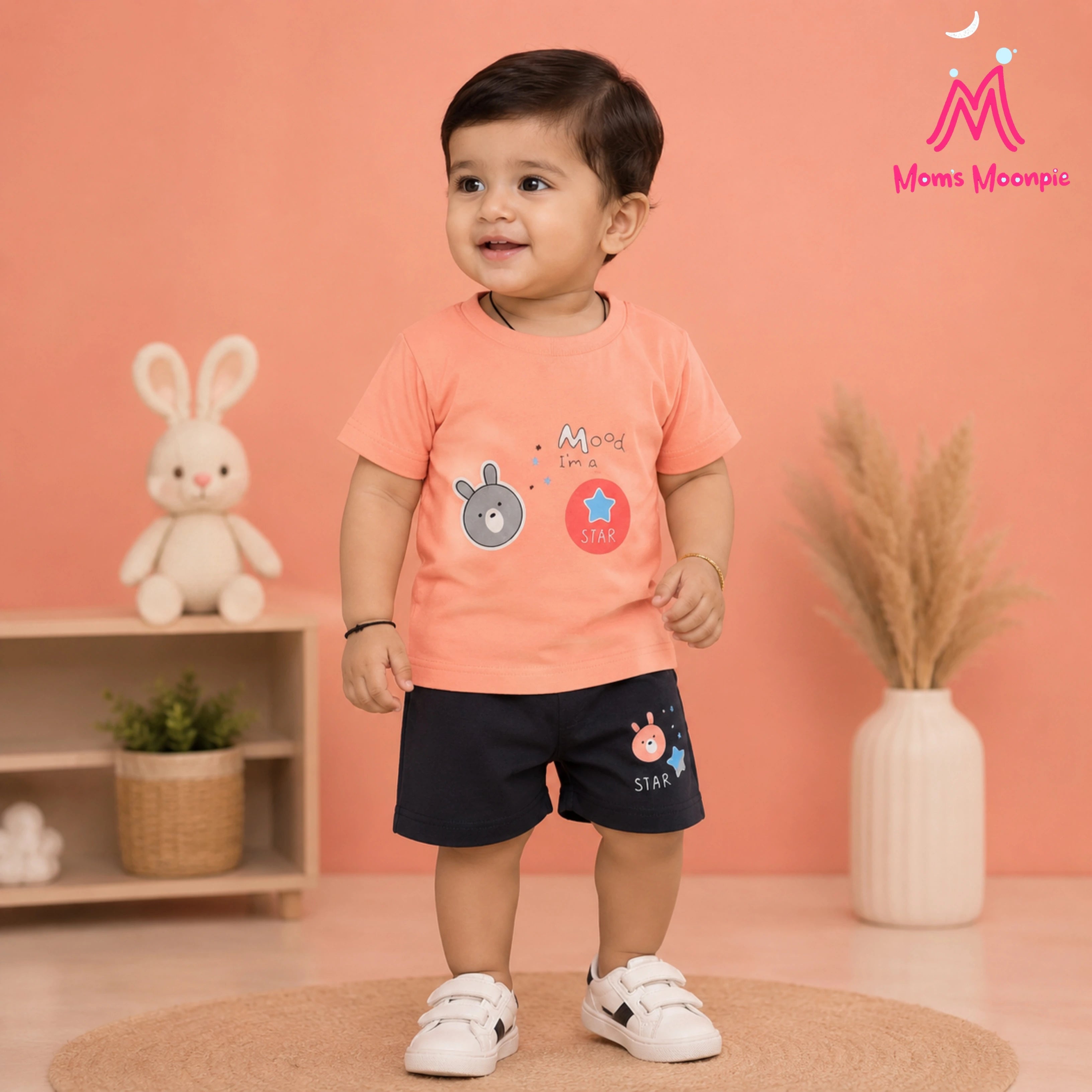 Mom's Moonpie Boys Coral Pink Graphic T-Shirt & Navy Shorts Set