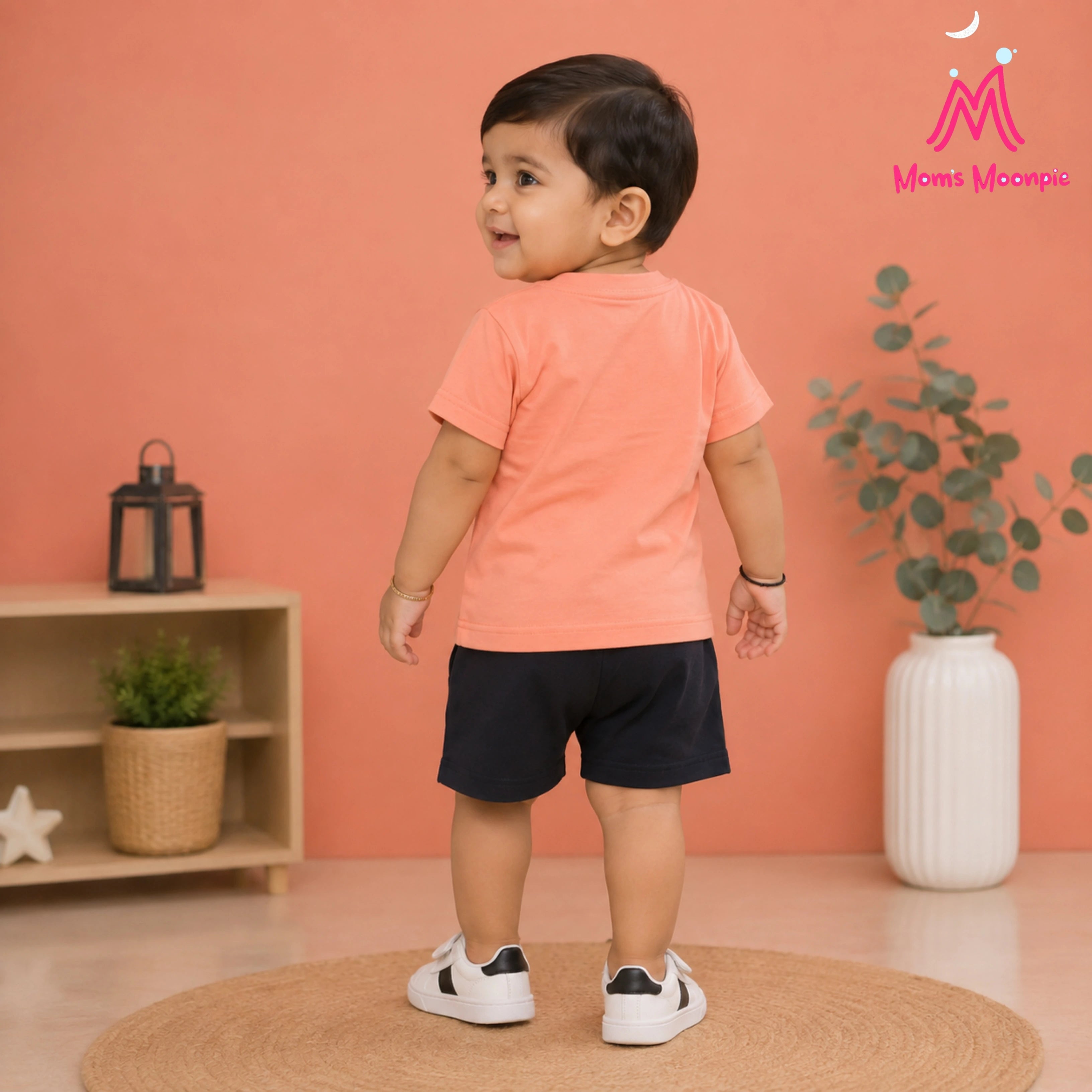 Mom's Moonpie Boys Coral Pink Graphic T-Shirt & Navy Shorts Set