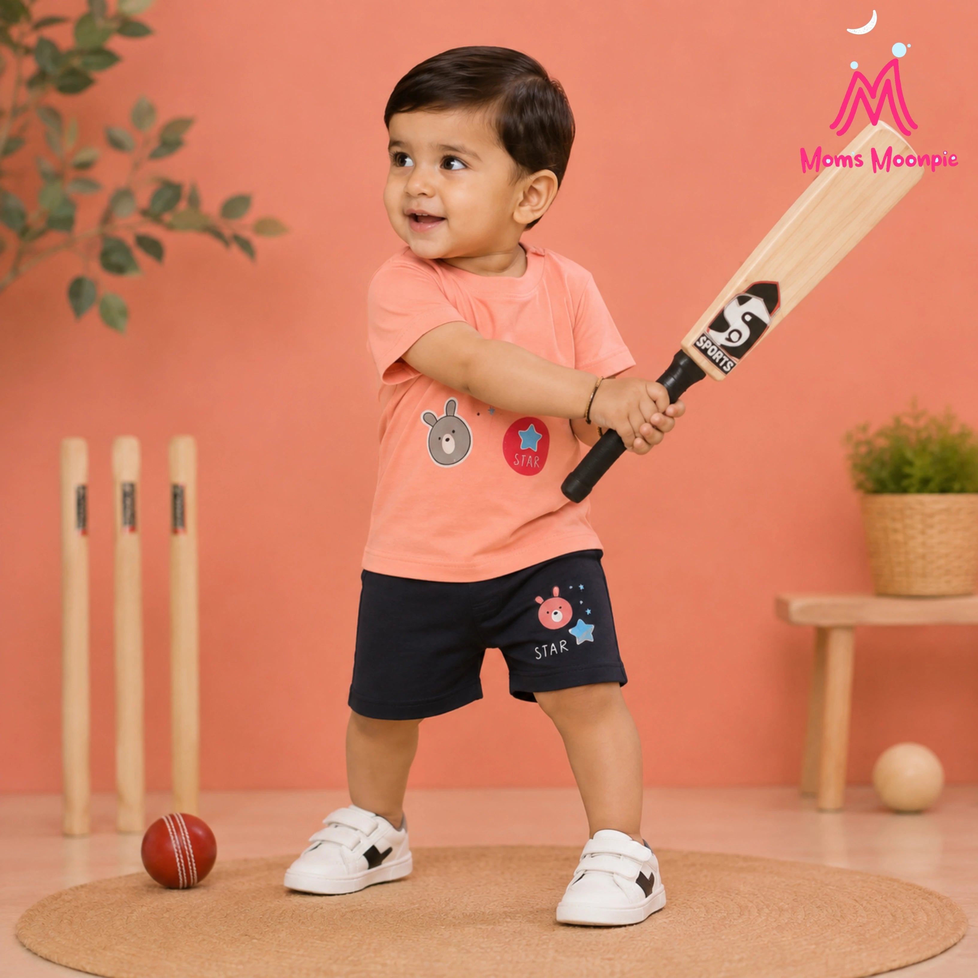 Mom's Moonpie Boys Coral Pink Graphic T-Shirt & Navy Shorts Set