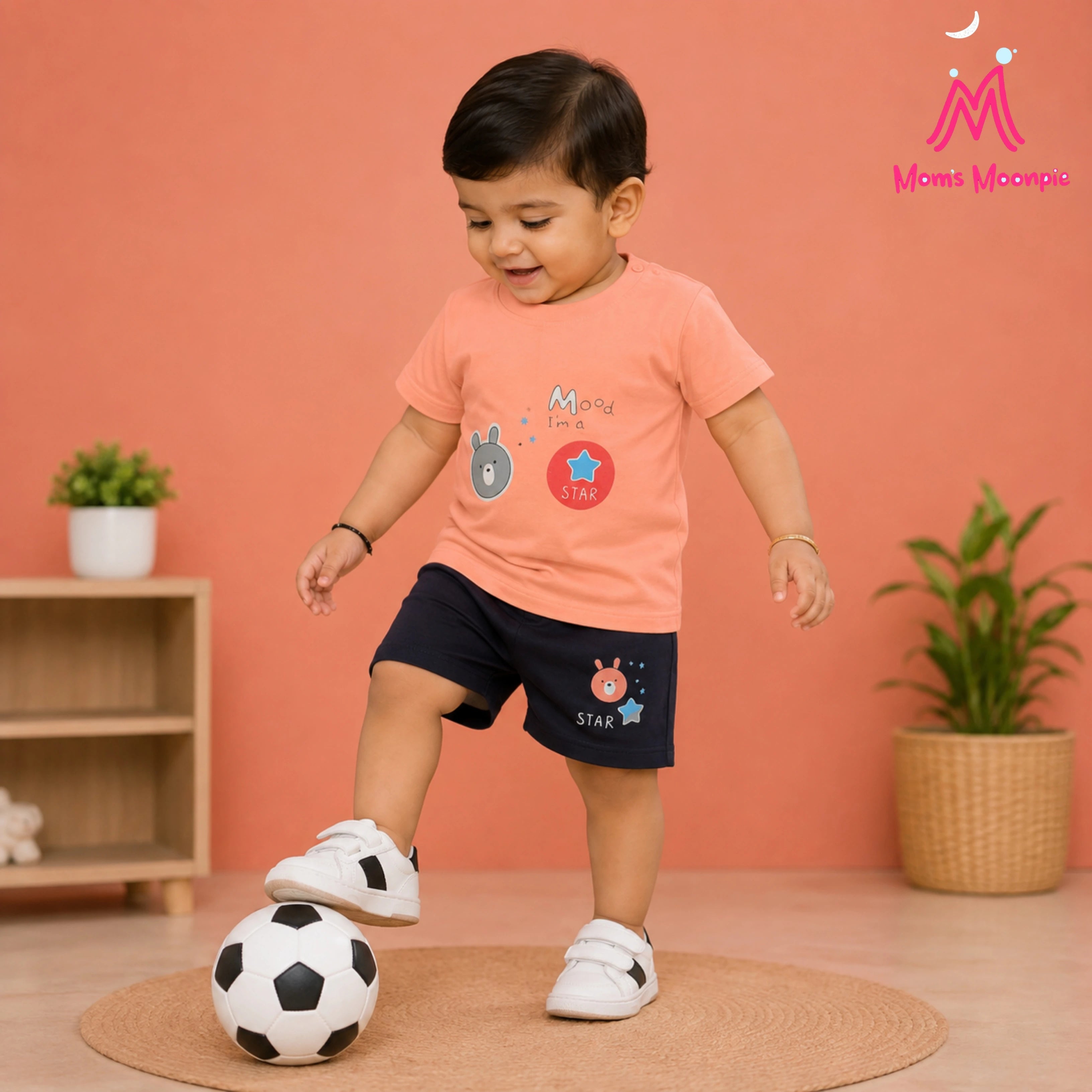 Mom's Moonpie Boys Coral Pink Graphic T-Shirt & Navy Shorts Set