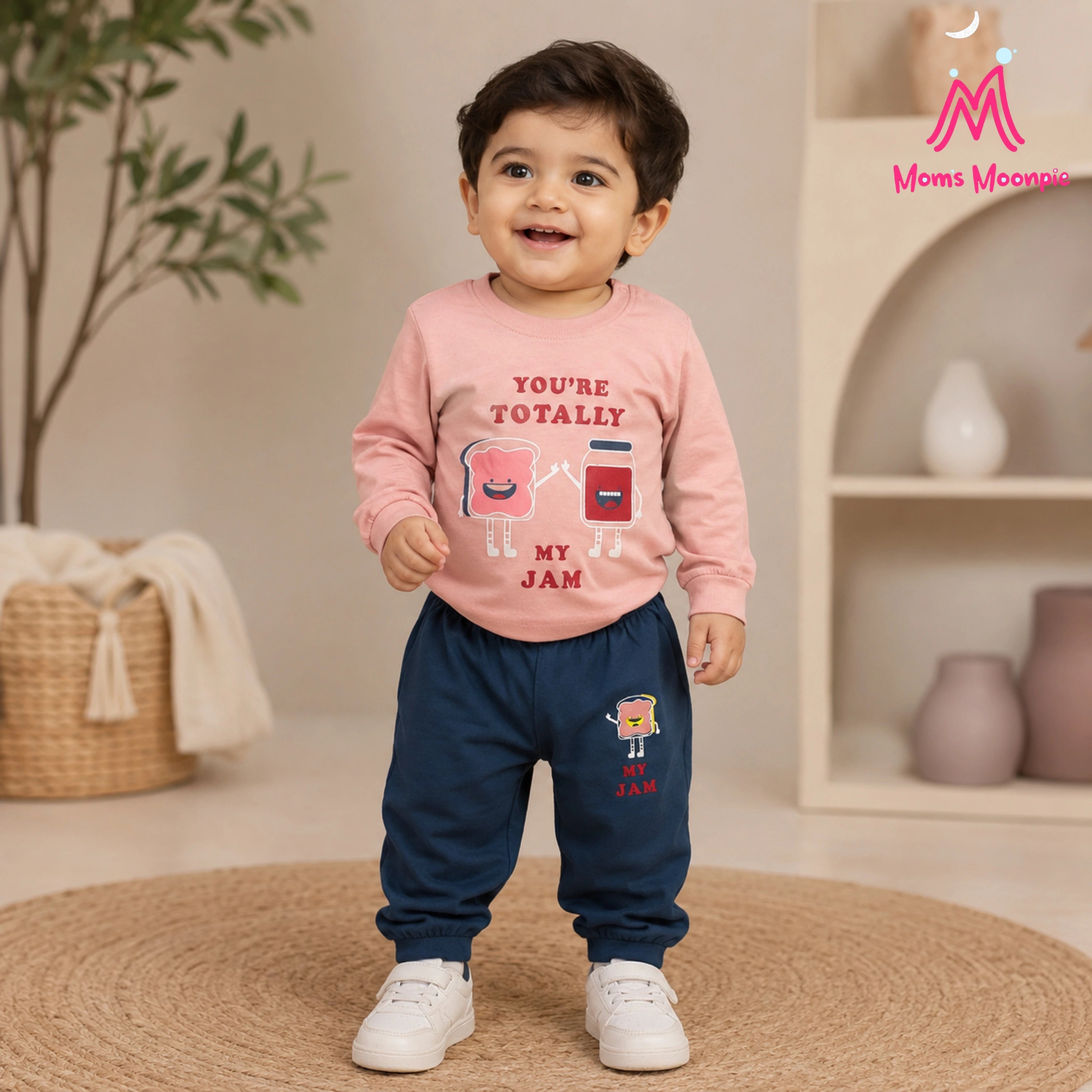 Mom's Moonpie Boys Dusty Pink Full Sleeve T-Shirt & Navy Joggers Set