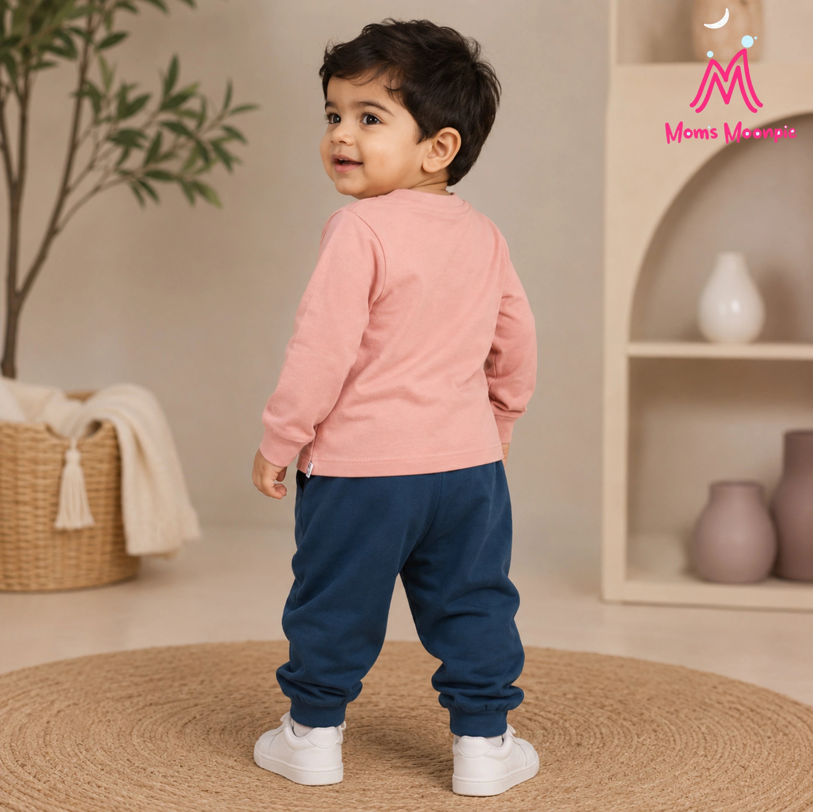 Mom's Moonpie Boys Dusty Pink Full Sleeve T-Shirt & Navy Joggers Set
