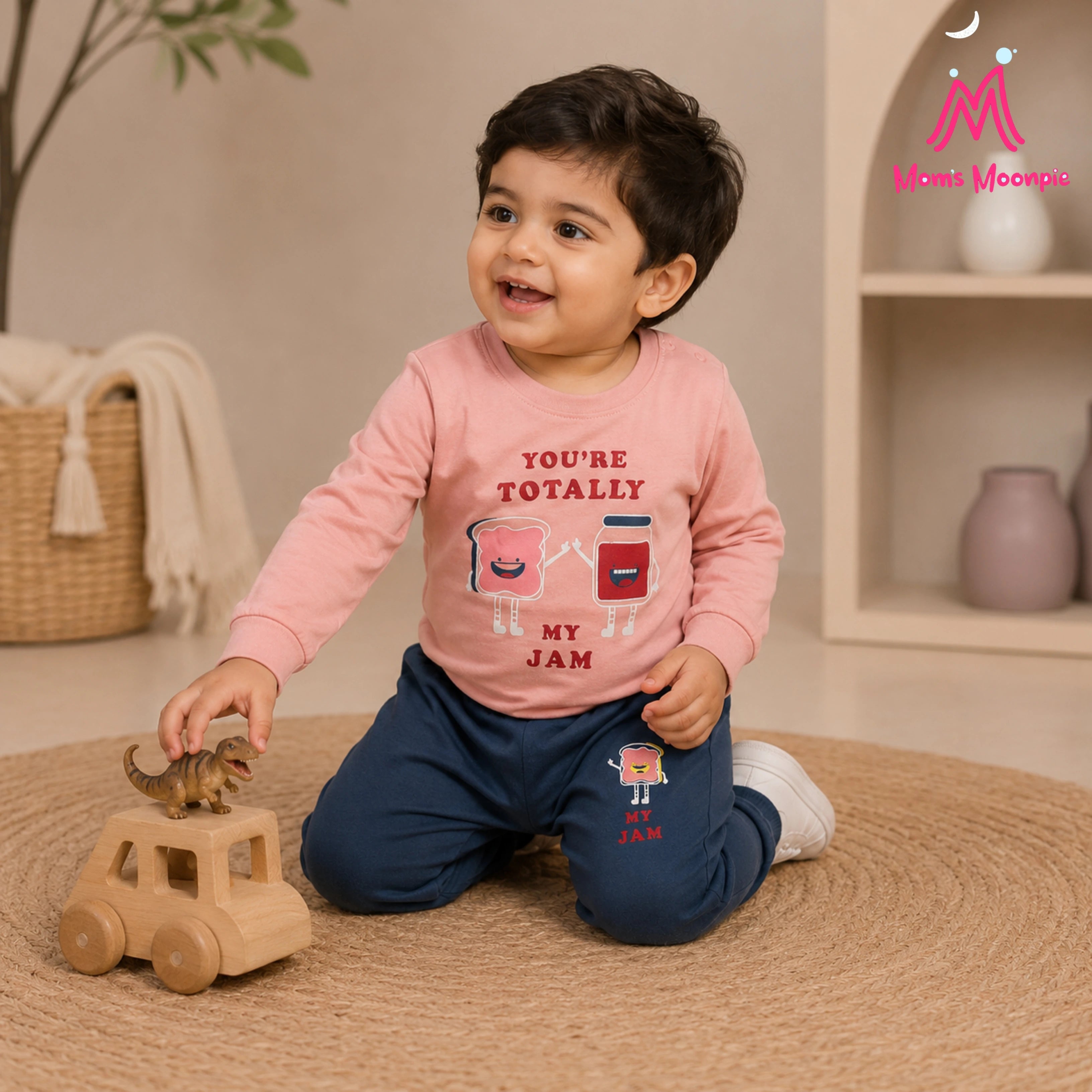 Mom's Moonpie Boys Dusty Pink Full Sleeve T-Shirt & Navy Joggers Set