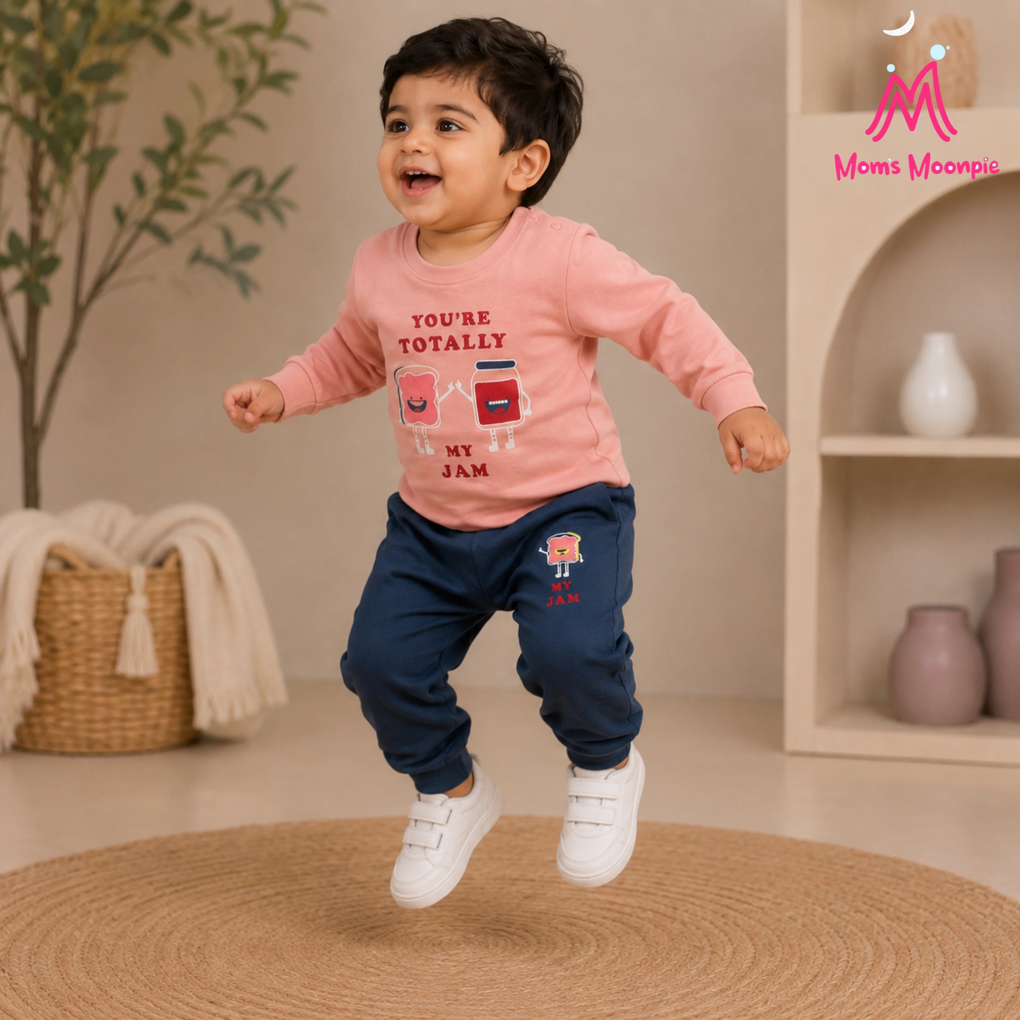Mom's Moonpie Boys Dusty Pink Full Sleeve T-Shirt & Navy Joggers Set