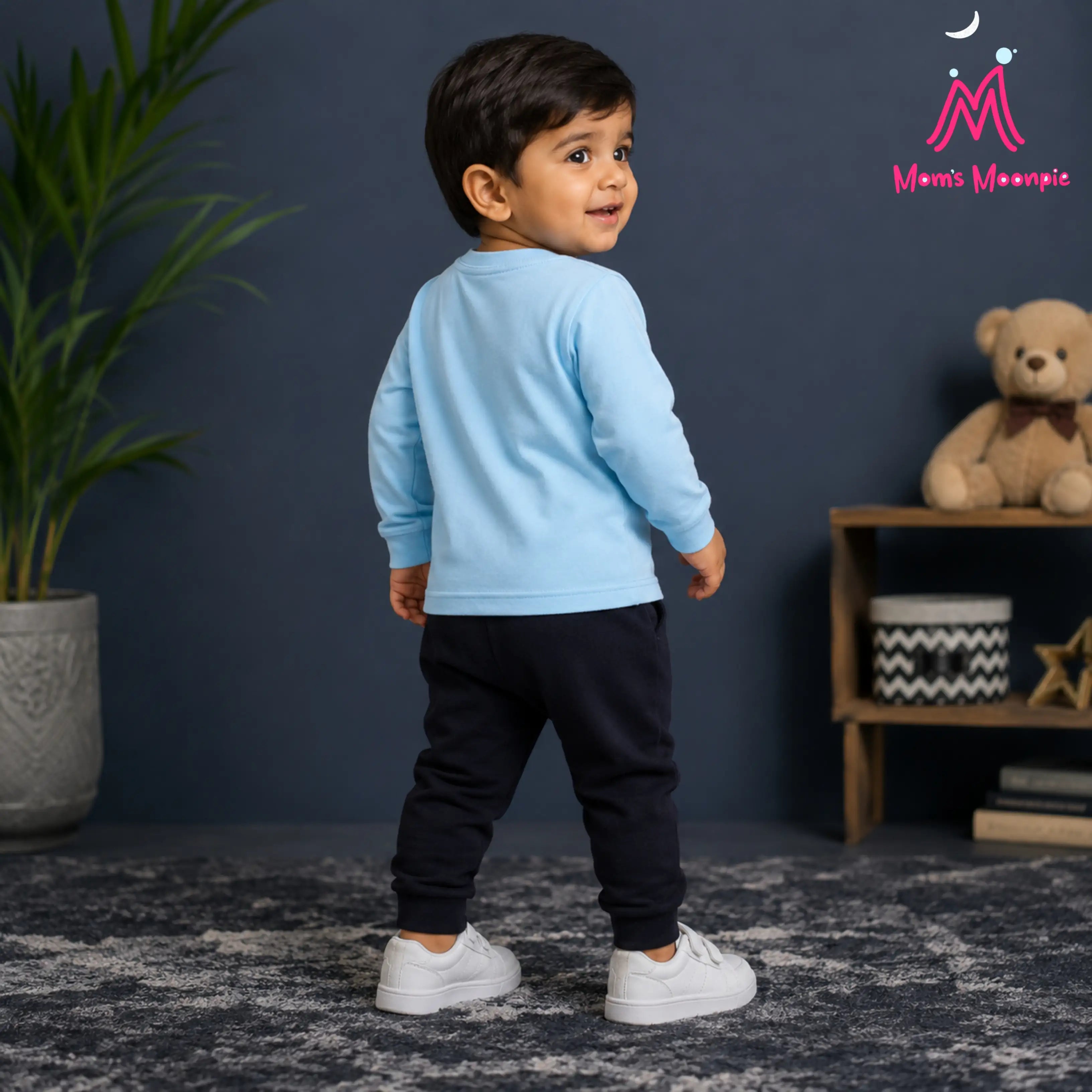 Mom's Moonpie Boys Light Blue Full Sleeve T-Shirt & Black Joggers Set