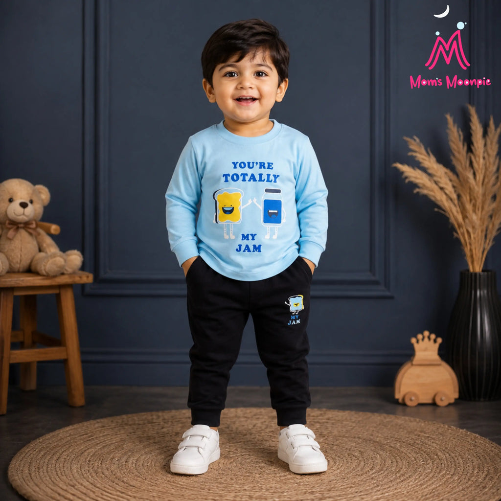 Mom's Moonpie Boys Light Blue Full Sleeve T-Shirt & Black Joggers Set