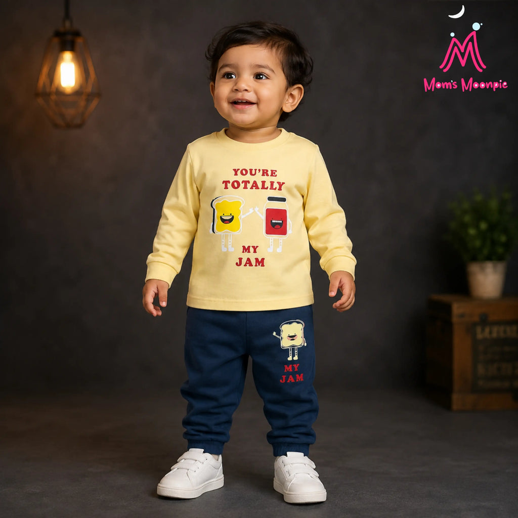 Mom's Moonpie Boys Yellow Full Sleeve T-Shirt & Navy Joggers Set