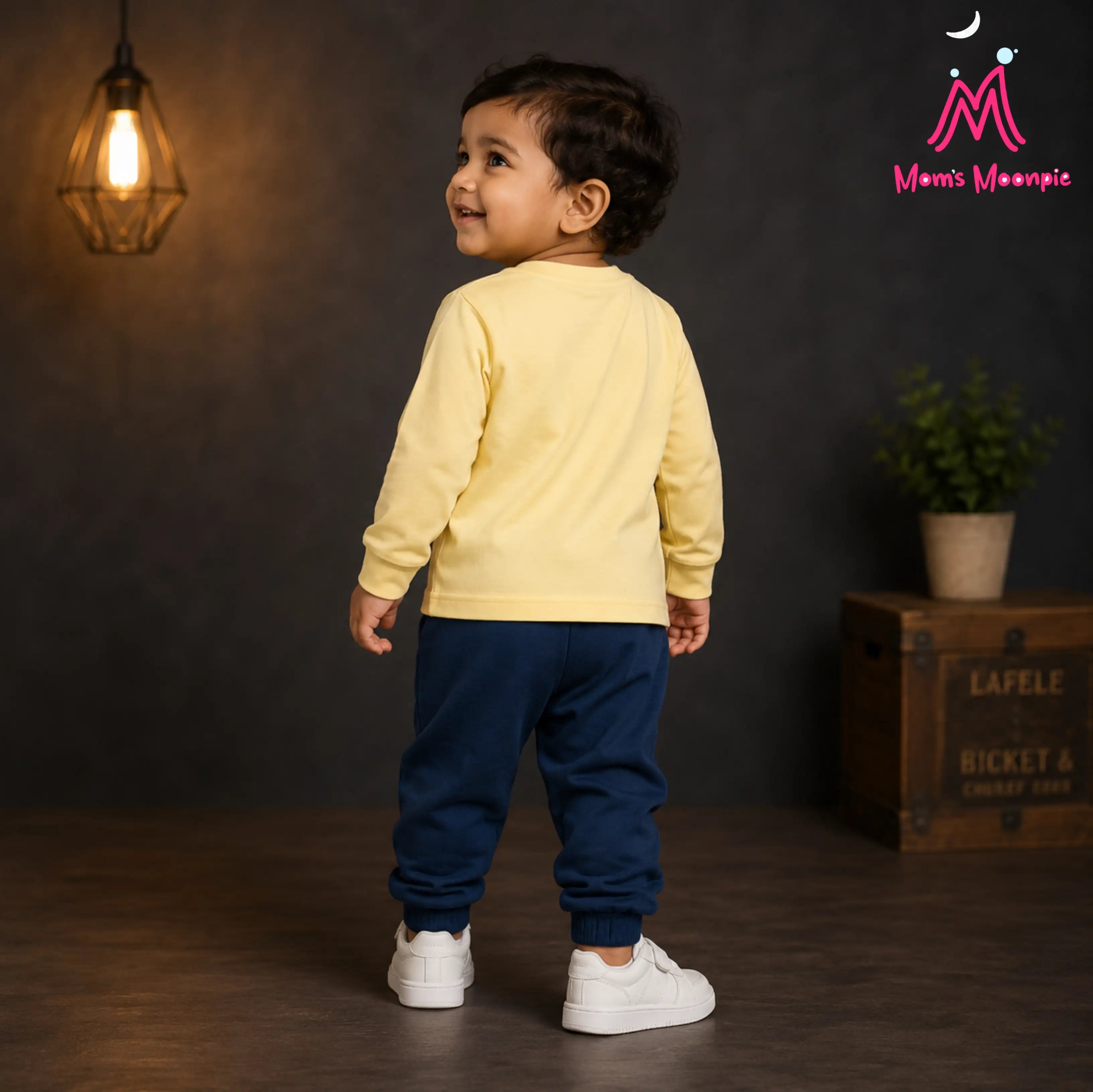 Mom's Moonpie Boys Yellow Full Sleeve T-Shirt & Navy Joggers Set
