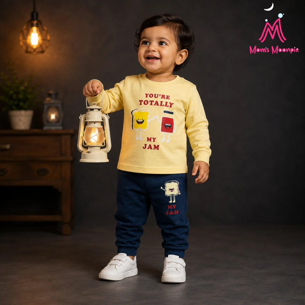 Mom's Moonpie Boys Yellow Full Sleeve T-Shirt & Navy Joggers Set